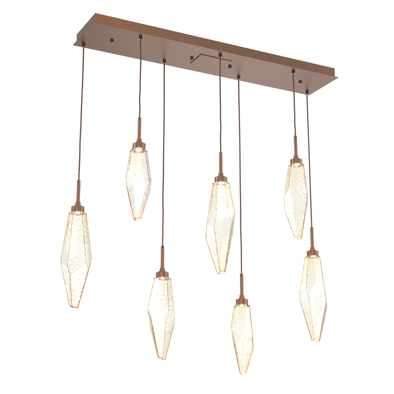 PLB0050-07-BB-CA-Hammerton-Studio-Rock-Crystal-7-light-linear-pendant-chandelier-with-burnished-bronze-finish-and-chilled-amber-blown-glass-shades-and-LED-lamping