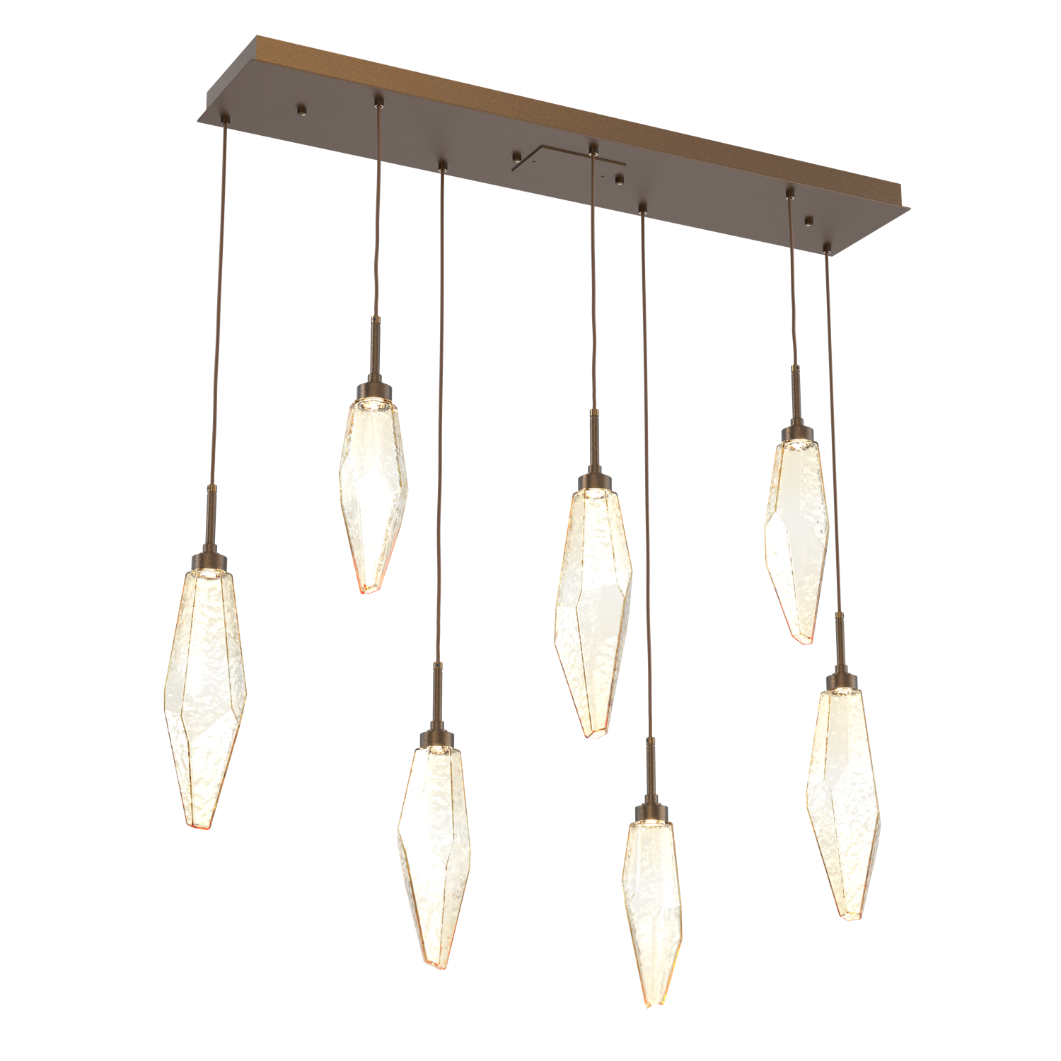 PLB0050-07-FB-CA-Hammerton-Studio-Rock-Crystal-7-light-linear-pendant-chandelier-with-flat-bronze-finish-and-chilled-amber-blown-glass-shades-and-LED-lamping