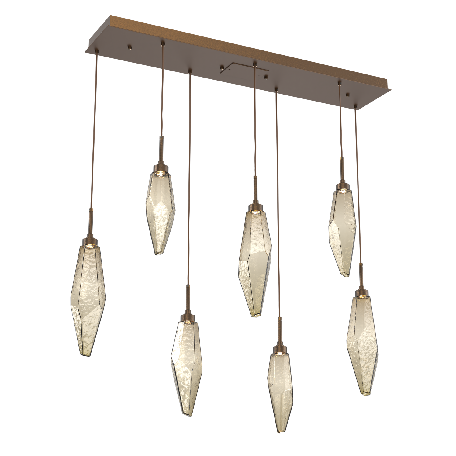 PLB0050-07-FB-CB-Hammerton-Studio-Rock-Crystal-7-light-linear-pendant-chandelier-with-flat-bronze-finish-and-chilled-bronze-blown-glass-shades-and-LED-lamping