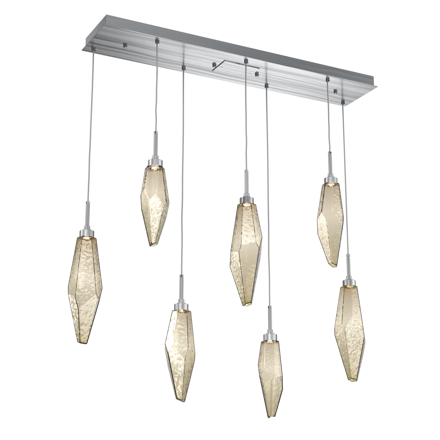 PLB0050-07-GM-CB-Hammerton-Studio-Rock-Crystal-7-light-linear-pendant-chandelier-with-gunmetal-finish-and-chilled-bronze-blown-glass-shades-and-LED-lamping