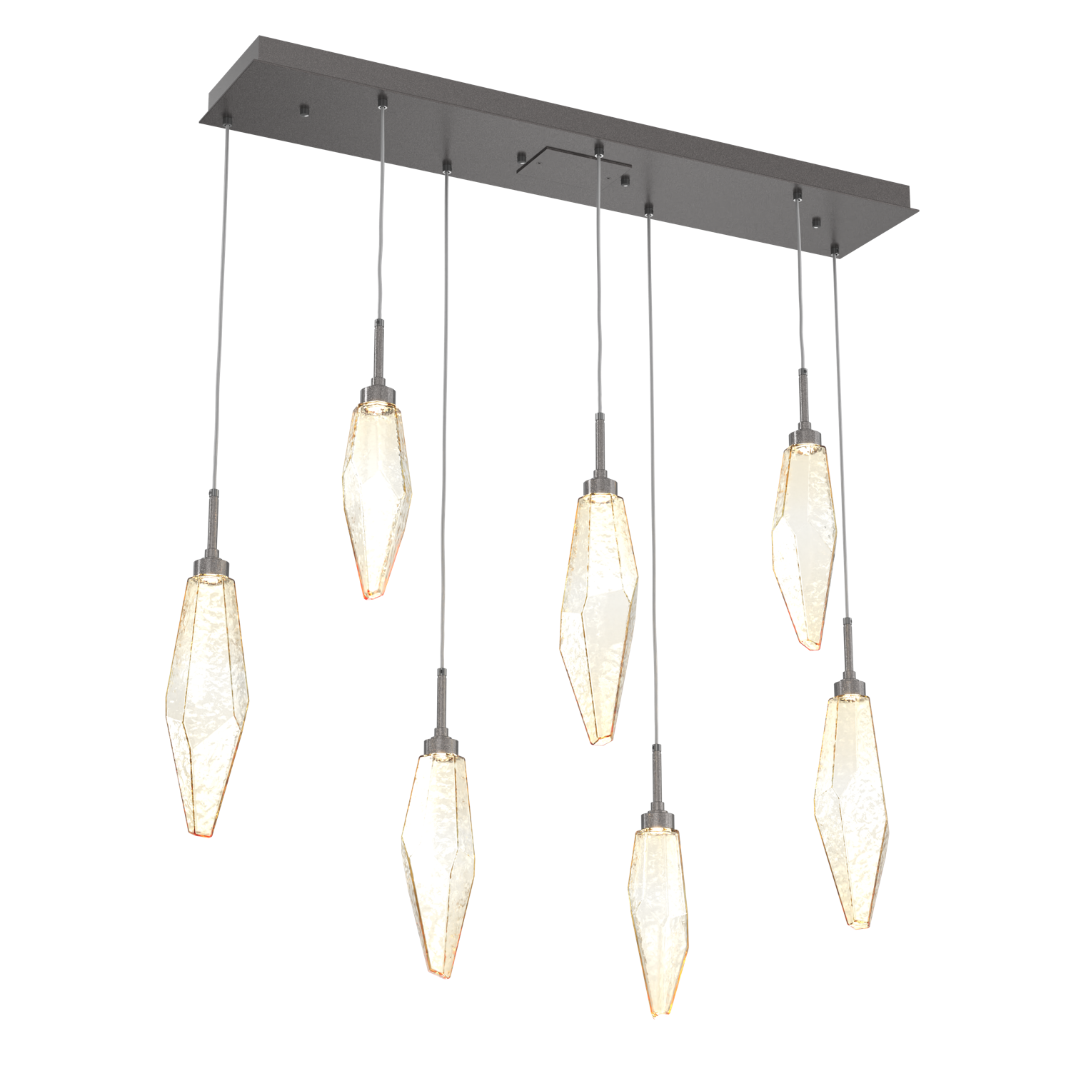 PLB0050-07-GP-CA-Hammerton-Studio-Rock-Crystal-7-light-linear-pendant-chandelier-with-graphite-finish-and-chilled-amber-blown-glass-shades-and-LED-lamping