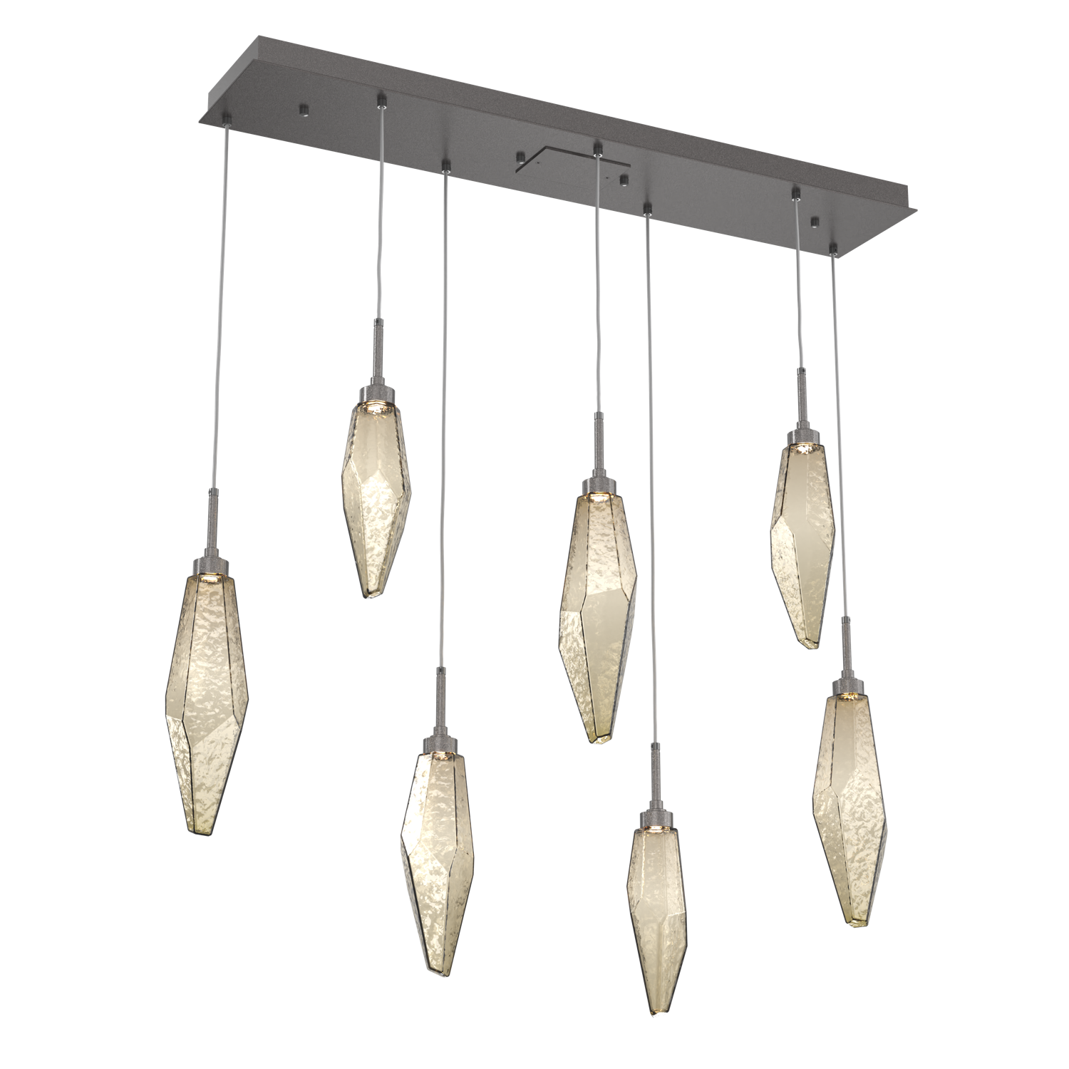 PLB0050-07-GP-CB-Hammerton-Studio-Rock-Crystal-7-light-linear-pendant-chandelier-with-graphite-finish-and-chilled-bronze-blown-glass-shades-and-LED-lamping