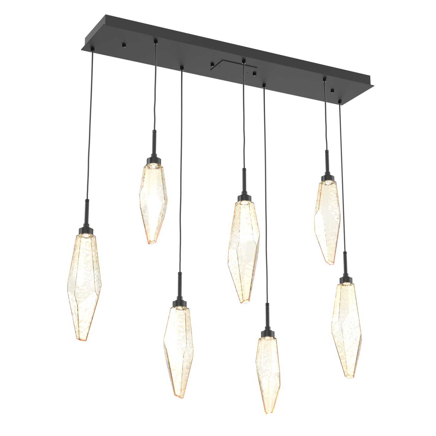 PLB0050-07-MB-CA-Hammerton-Studio-Rock-Crystal-7-light-linear-pendant-chandelier-with-matte-black-finish-and-chilled-amber-blown-glass-shades-and-LED-lamping