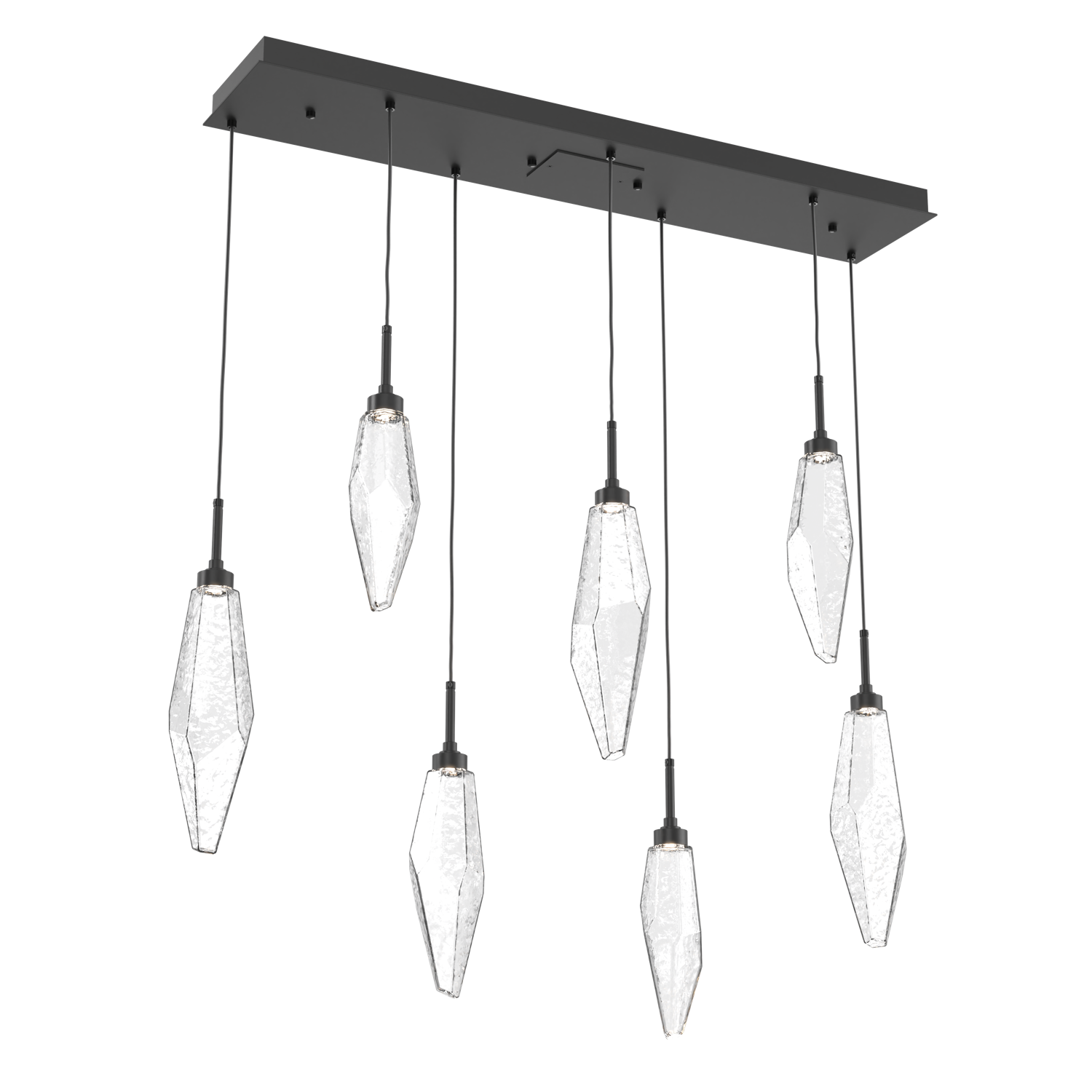PLB0050-07-MB-CC-Hammerton-Studio-Rock-Crystal-7-light-linear-pendant-chandelier-with-matte-black-finish-and-clear-glass-shades-and-LED-lamping