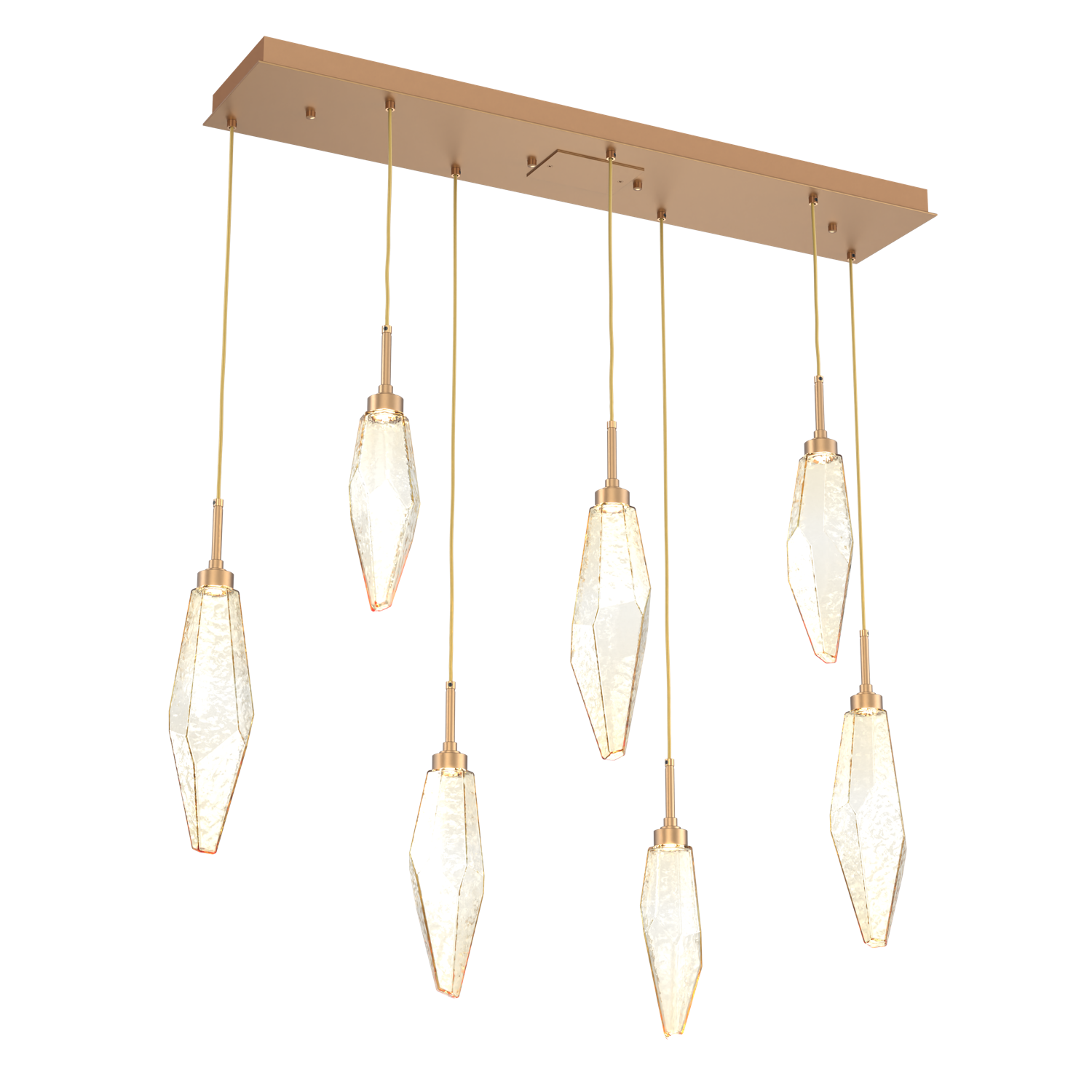 PLB0050-07-NB-CA-Hammerton-Studio-Rock-Crystal-7-light-linear-pendant-chandelier-with-novel-brass-finish-and-chilled-amber-blown-glass-shades-and-LED-lamping