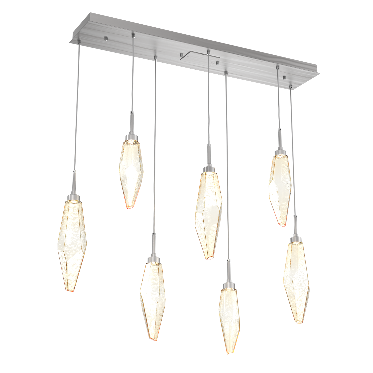 PLB0050-07-SN-CA-Hammerton-Studio-Rock-Crystal-7-light-linear-pendant-chandelier-with-satin-nickel-finish-and-chilled-amber-blown-glass-shades-and-LED-lamping