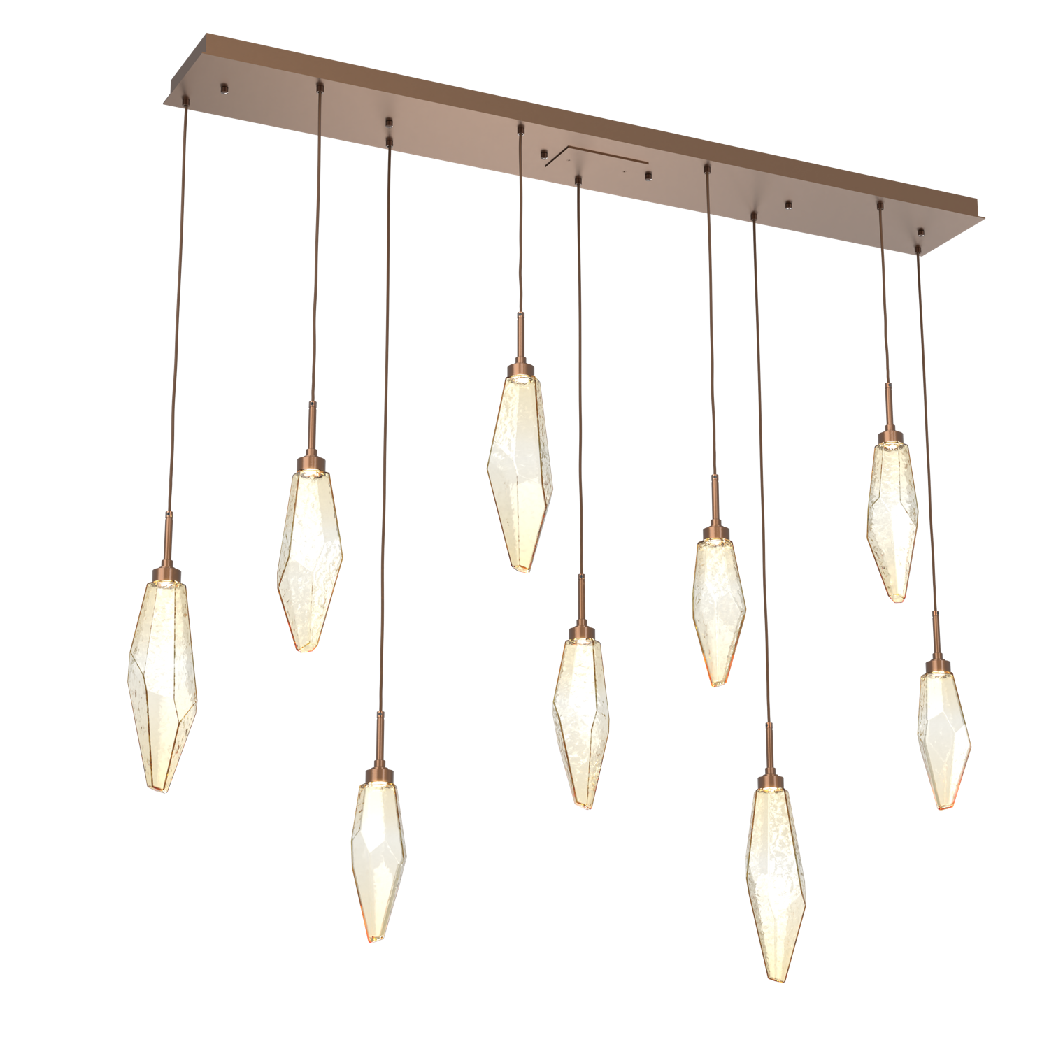 PLB0050-09-BB-CA-Hammerton-Studio-Rock-Crystal-9-light-linear-pendant-chandelier-with-burnished-bronze-finish-and-chilled-amber-blown-glass-shades-and-LED-lamping