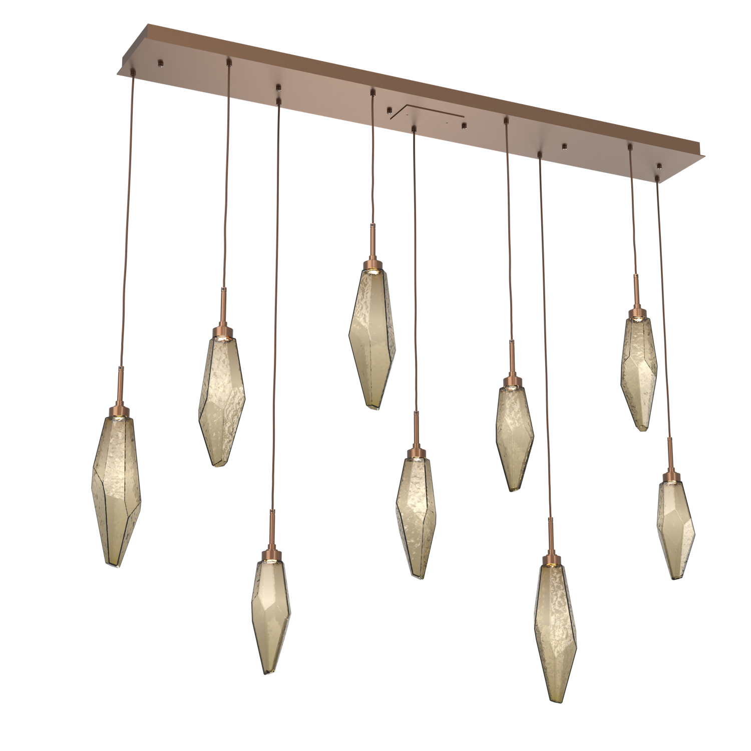 PLB0050-09-BB-CB-Hammerton-Studio-Rock-Crystal-9-light-linear-pendant-chandelier-with-burnished-bronze-finish-and-chilled-bronze-blown-glass-shades-and-LED-lamping