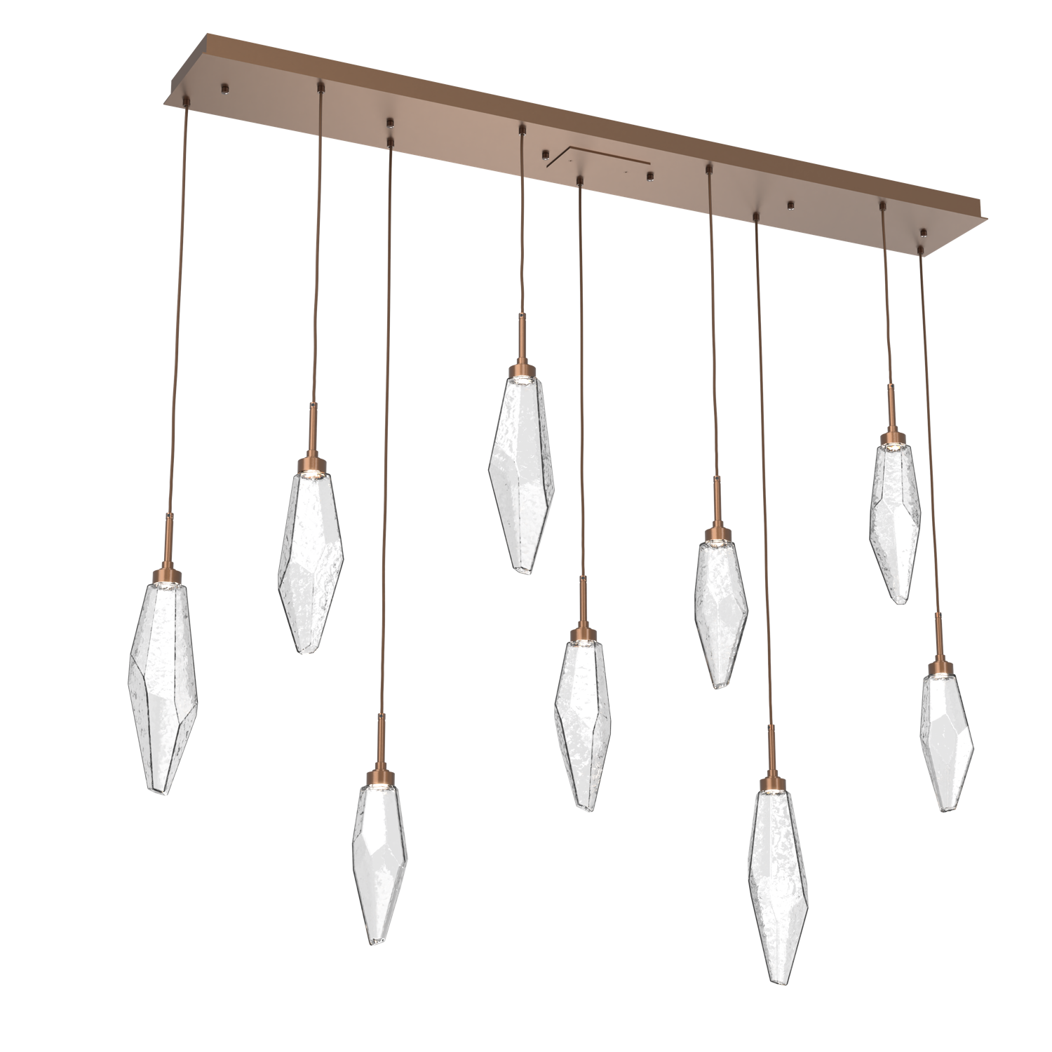 PLB0050-09-BB-CC-Hammerton-Studio-Rock-Crystal-9-light-linear-pendant-chandelier-with-burnished-bronze-finish-and-clear-glass-shades-and-LED-lamping