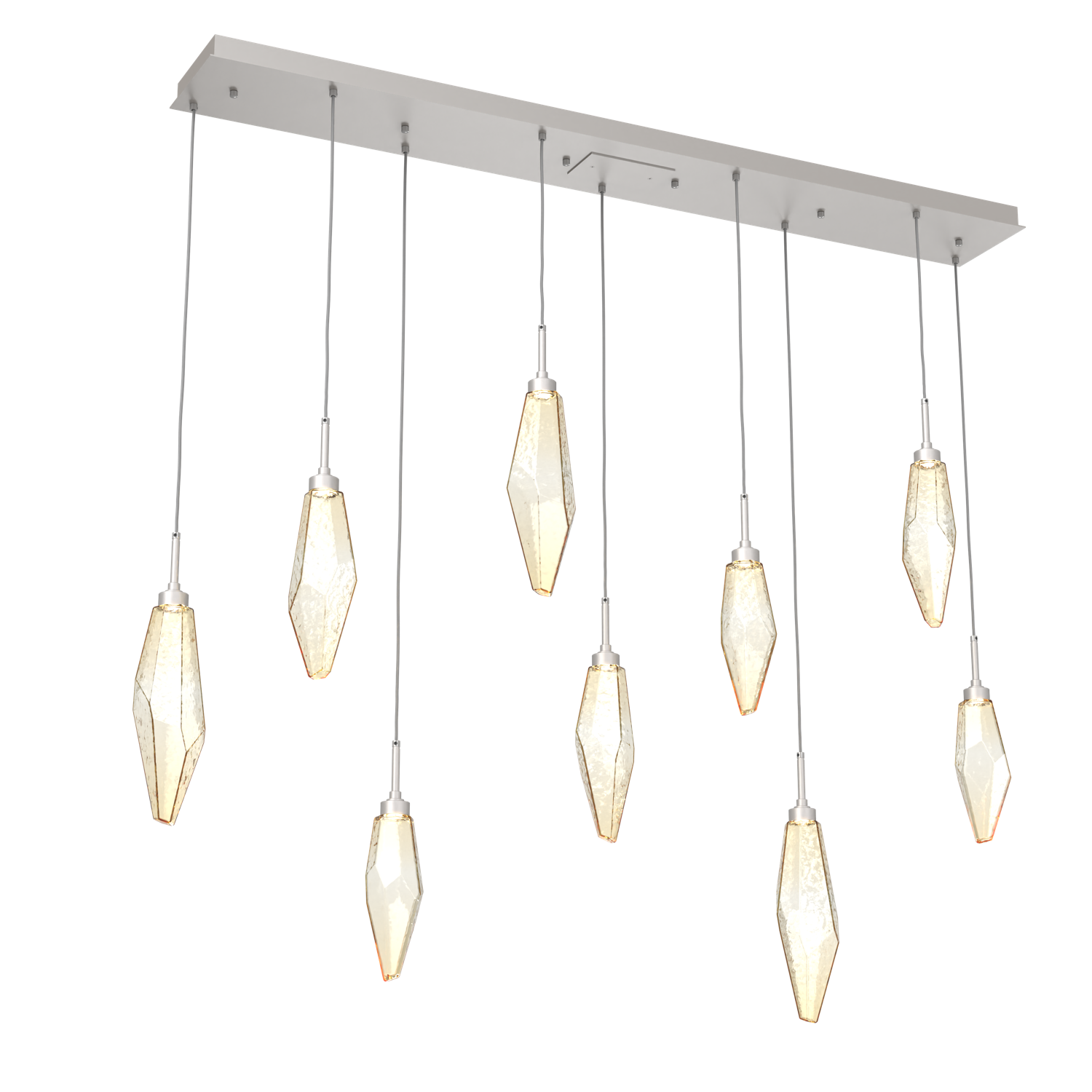 PLB0050-09-BS-CA-Hammerton-Studio-Rock-Crystal-9-light-linear-pendant-chandelier-with-beige-silver-finish-and-chilled-amber-blown-glass-shades-and-LED-lamping
