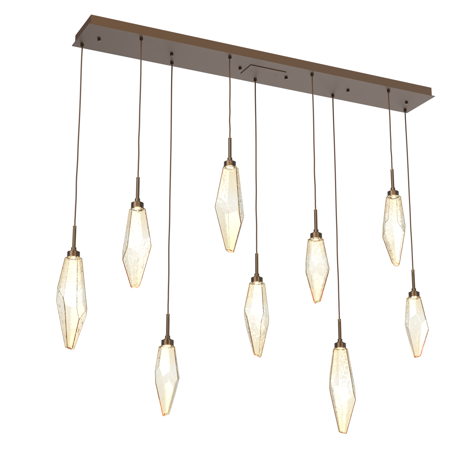 PLB0050-09-FB-CA-Hammerton-Studio-Rock-Crystal-9-light-linear-pendant-chandelier-with-flat-bronze-finish-and-chilled-amber-blown-glass-shades-and-LED-lamping