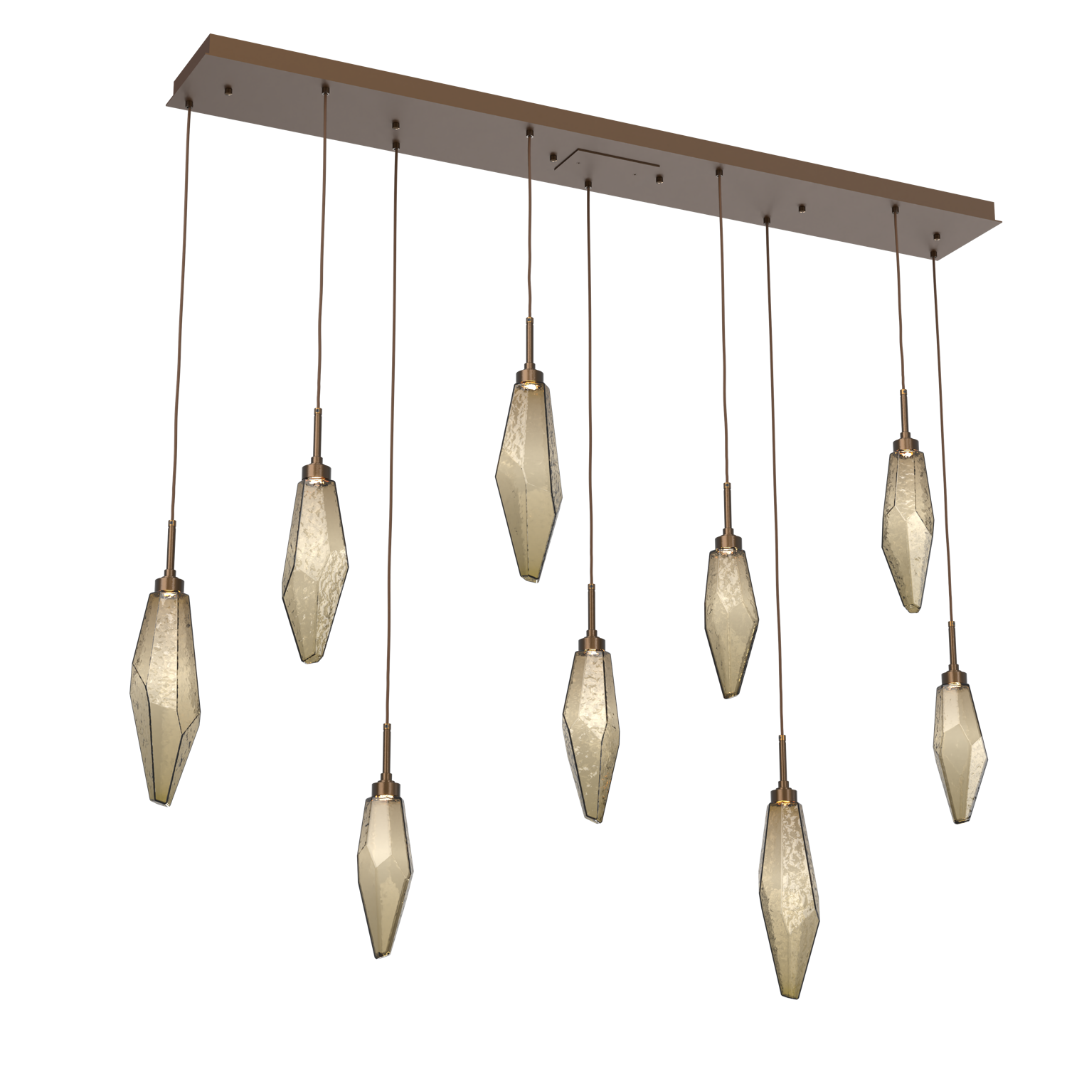 PLB0050-09-FB-CB-Hammerton-Studio-Rock-Crystal-9-light-linear-pendant-chandelier-with-flat-bronze-finish-and-chilled-bronze-blown-glass-shades-and-LED-lamping
