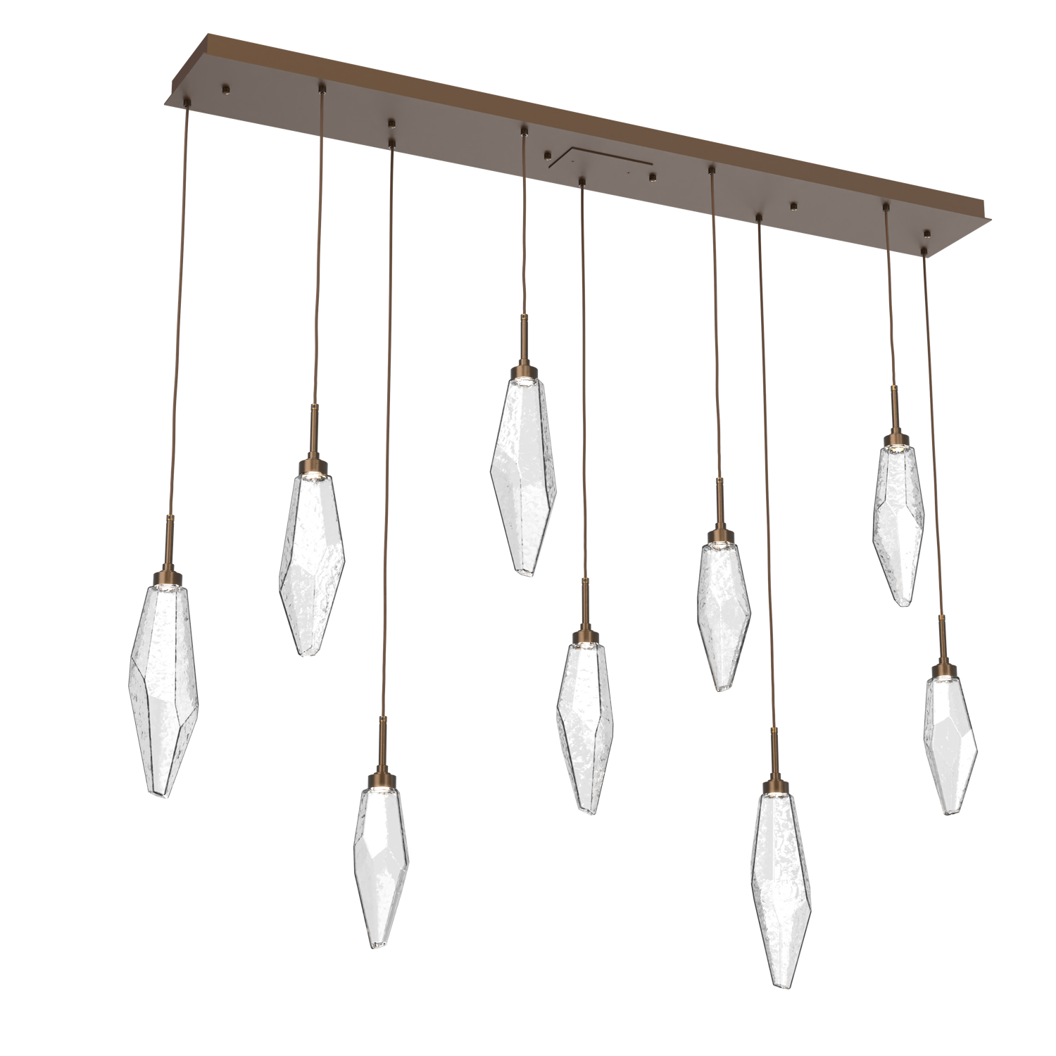 PLB0050-09-FB-CC-Hammerton-Studio-Rock-Crystal-9-light-linear-pendant-chandelier-with-flat-bronze-finish-and-clear-glass-shades-and-LED-lamping