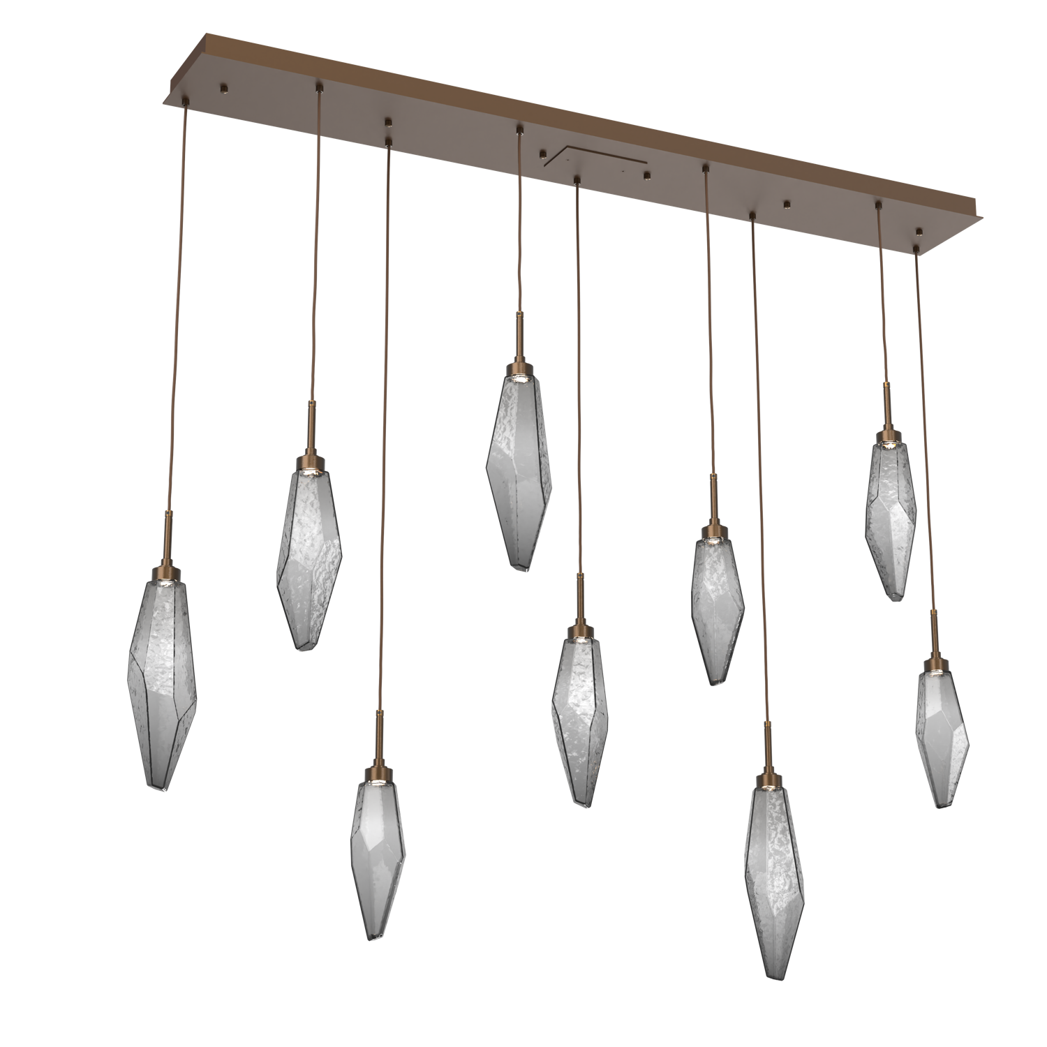 PLB0050-09-FB-CS-Hammerton-Studio-Rock-Crystal-9-light-linear-pendant-chandelier-with-flat-bronze-finish-and-chilled-smoke-glass-shades-and-LED-lamping