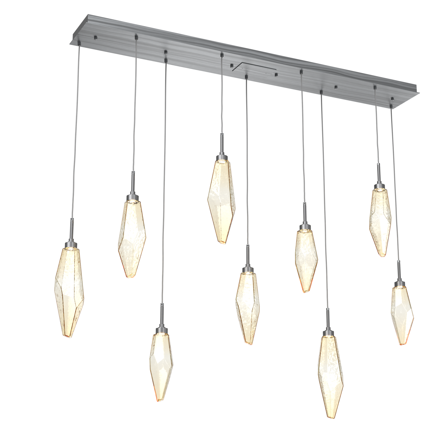 PLB0050-09-GM-CA-Hammerton-Studio-Rock-Crystal-9-light-linear-pendant-chandelier-with-gunmetal-finish-and-chilled-amber-blown-glass-shades-and-LED-lamping
