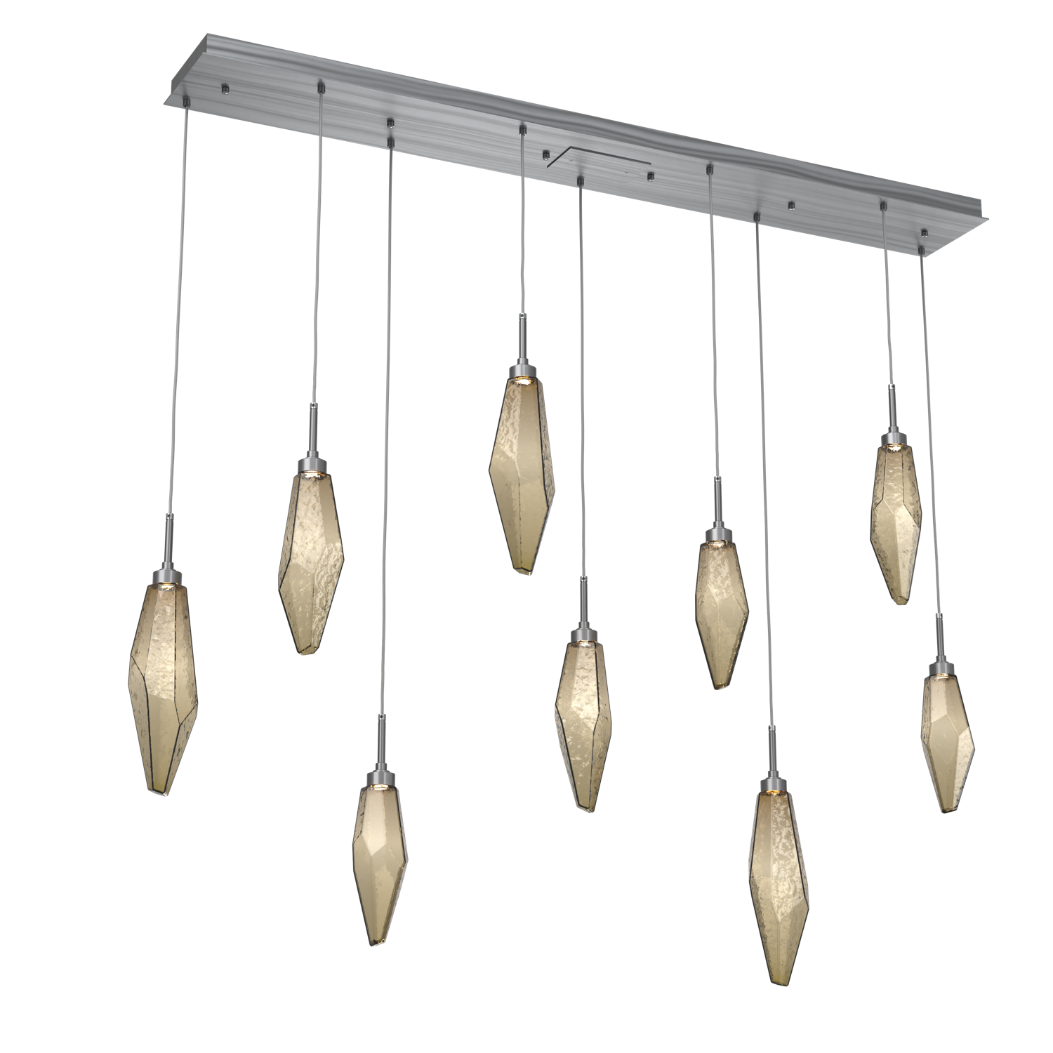 PLB0050-09-GM-CB-Hammerton-Studio-Rock-Crystal-9-light-linear-pendant-chandelier-with-gunmetal-finish-and-chilled-bronze-blown-glass-shades-and-LED-lamping
