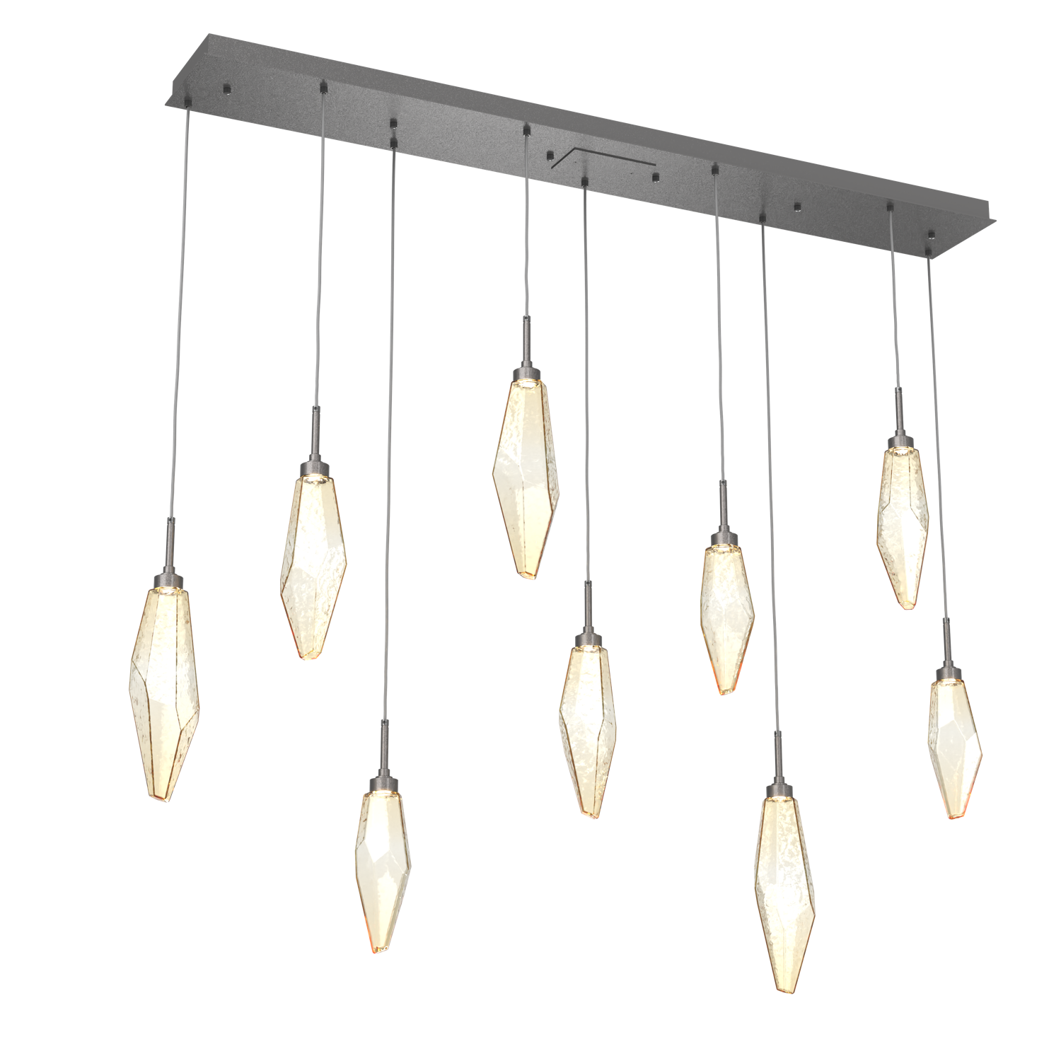 PLB0050-09-GP-CA-Hammerton-Studio-Rock-Crystal-9-light-linear-pendant-chandelier-with-graphite-finish-and-chilled-amber-blown-glass-shades-and-LED-lamping