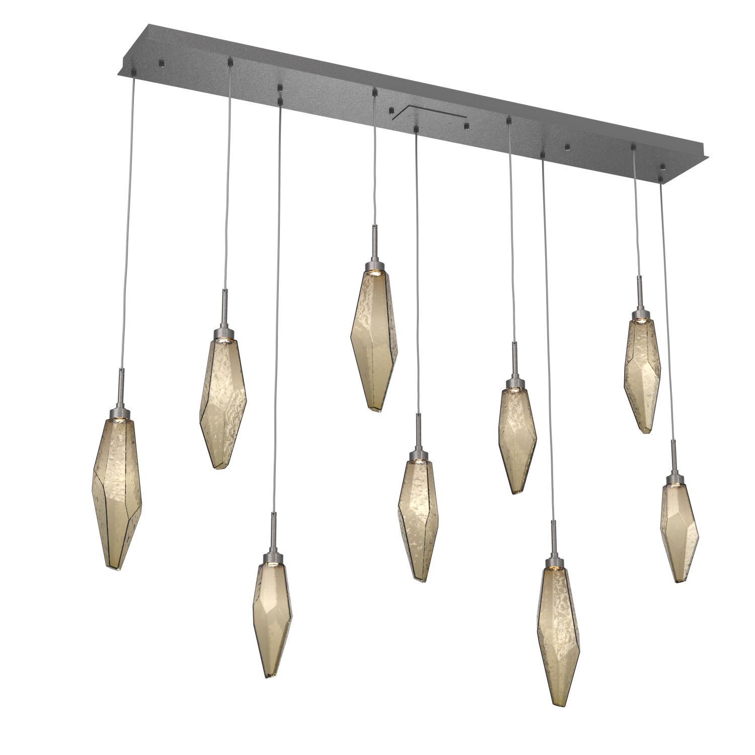PLB0050-09-GP-CB-Hammerton-Studio-Rock-Crystal-9-light-linear-pendant-chandelier-with-graphite-finish-and-chilled-bronze-blown-glass-shades-and-LED-lamping