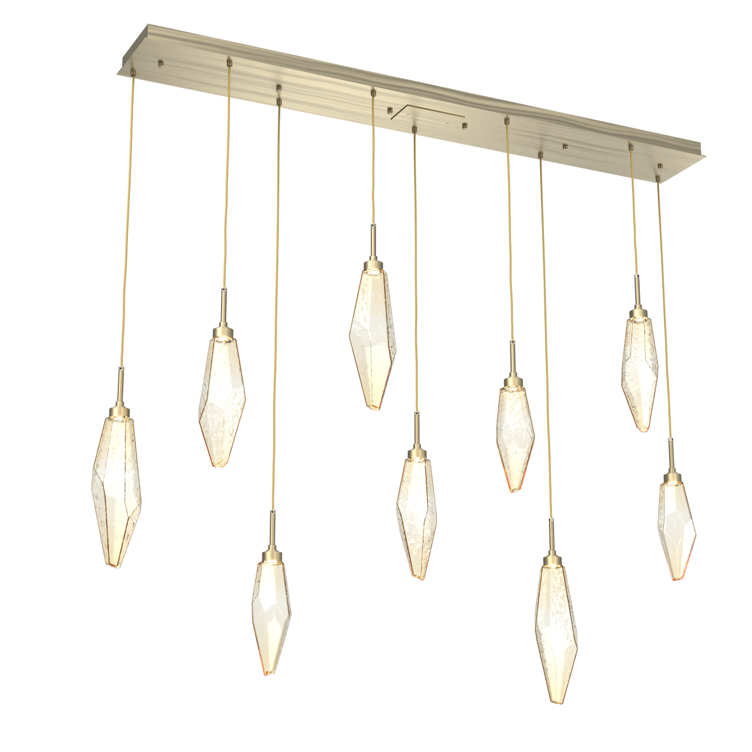 PLB0050-09-HB-CA-Hammerton-Studio-Rock-Crystal-9-light-linear-pendant-chandelier-with-heritage-brass-finish-and-chilled-amber-blown-glass-shades-and-LED-lamping