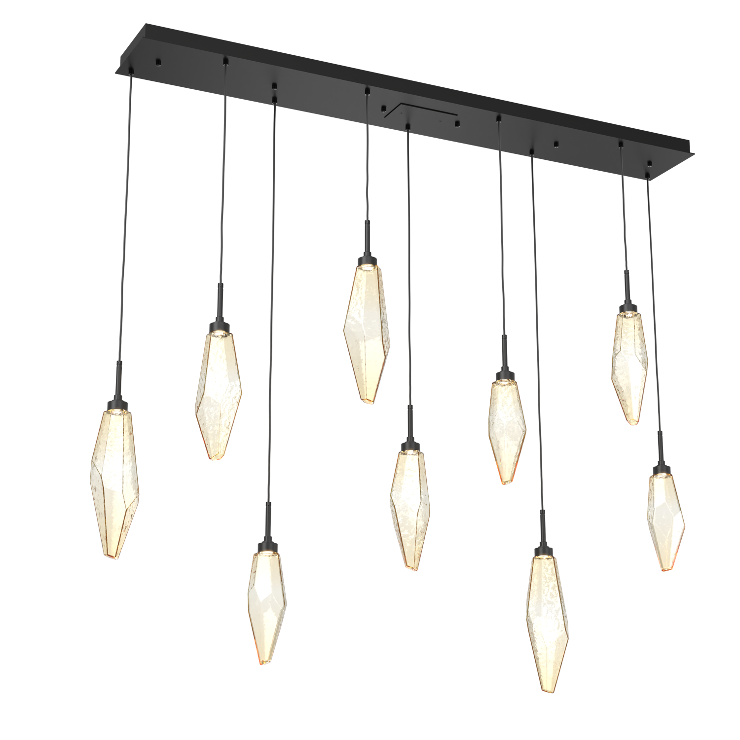 PLB0050-09-MB-CA-Hammerton-Studio-Rock-Crystal-9-light-linear-pendant-chandelier-with-matte-black-finish-and-chilled-amber-blown-glass-shades-and-LED-lamping