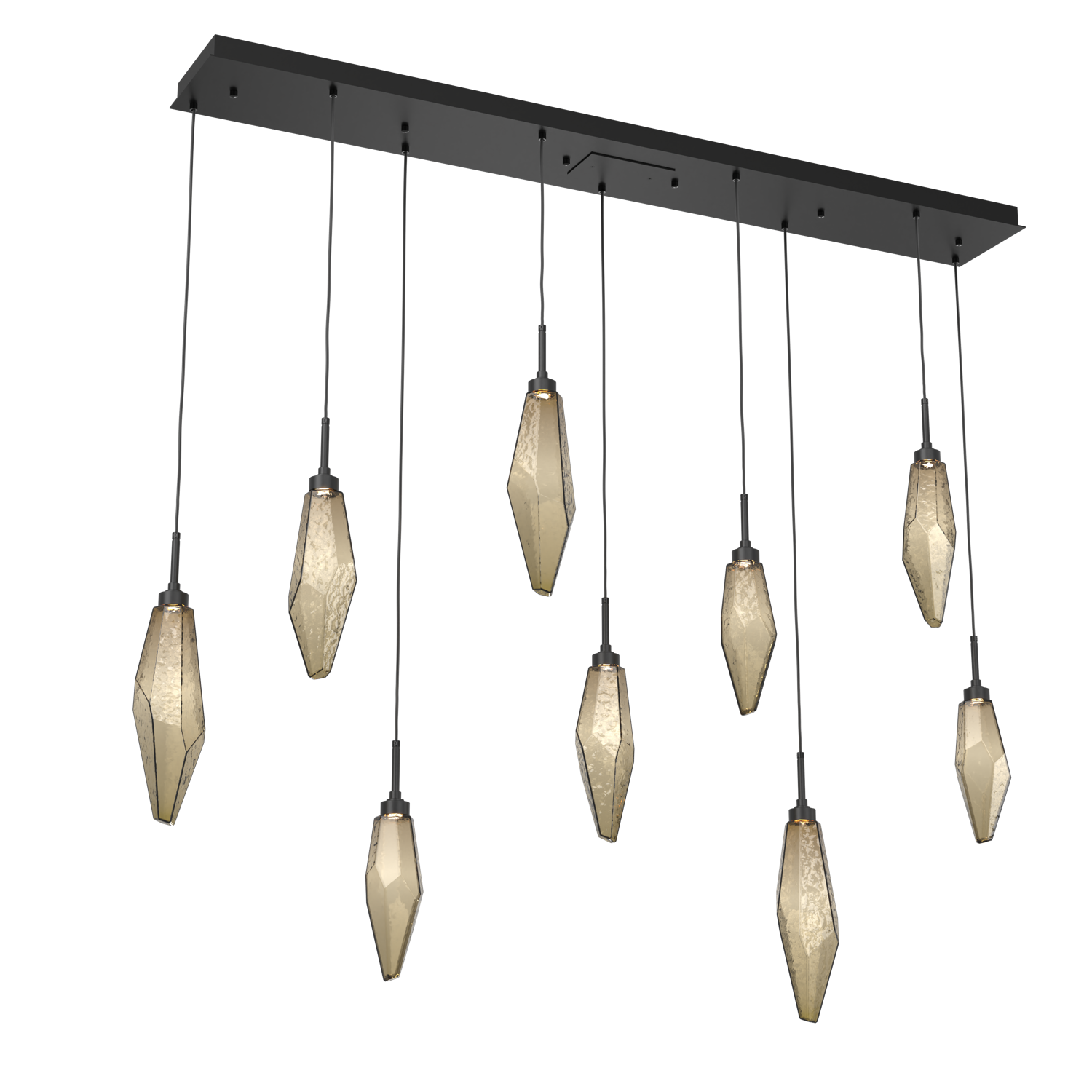 PLB0050-09-MB-CB-Hammerton-Studio-Rock-Crystal-9-light-linear-pendant-chandelier-with-matte-black-finish-and-chilled-bronze-blown-glass-shades-and-LED-lamping