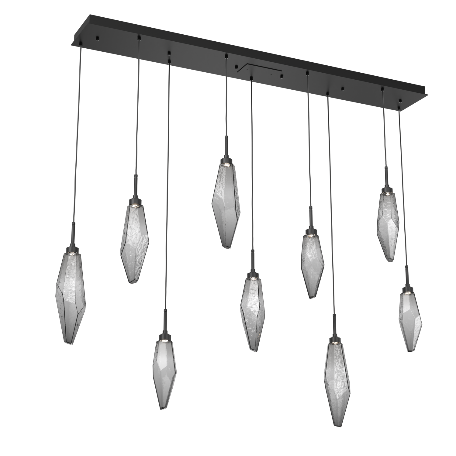 PLB0050-09-MB-CS-Hammerton-Studio-Rock-Crystal-9-light-linear-pendant-chandelier-with-matte-black-finish-and-chilled-smoke-glass-shades-and-LED-lamping