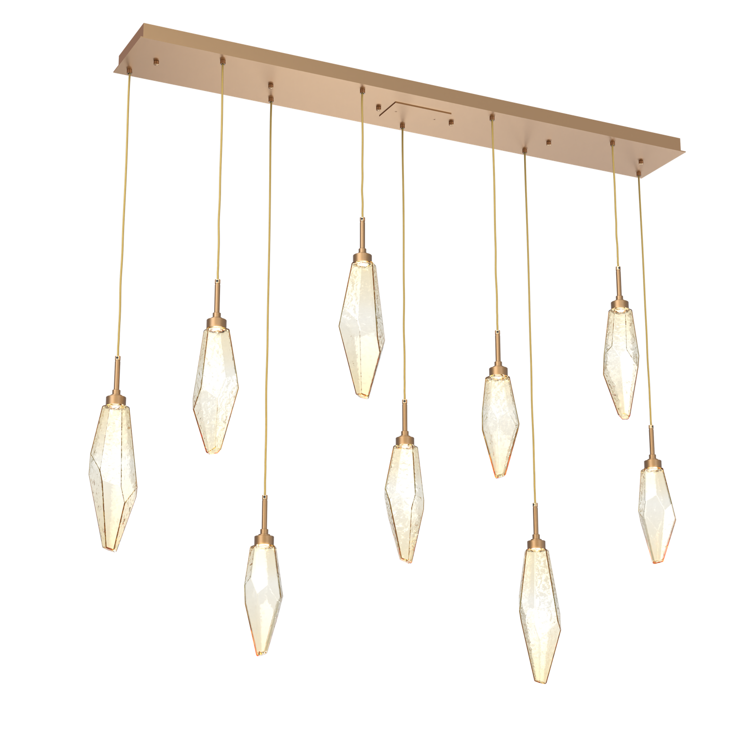 PLB0050-09-NB-CA-Hammerton-Studio-Rock-Crystal-9-light-linear-pendant-chandelier-with-novel-brass-finish-and-chilled-amber-blown-glass-shades-and-LED-lamping