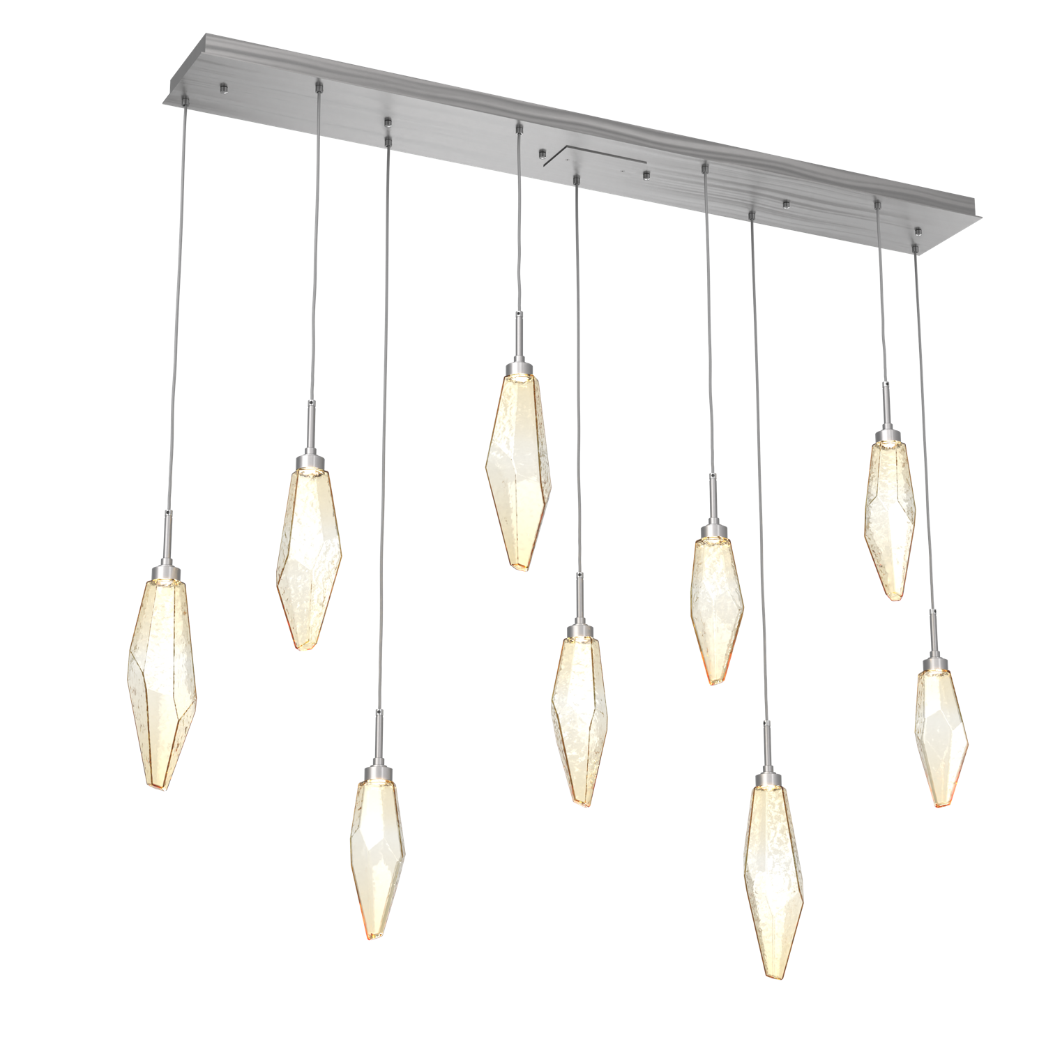 PLB0050-09-SN-CA-Hammerton-Studio-Rock-Crystal-9-light-linear-pendant-chandelier-with-satin-nickel-finish-and-chilled-amber-blown-glass-shades-and-LED-lamping