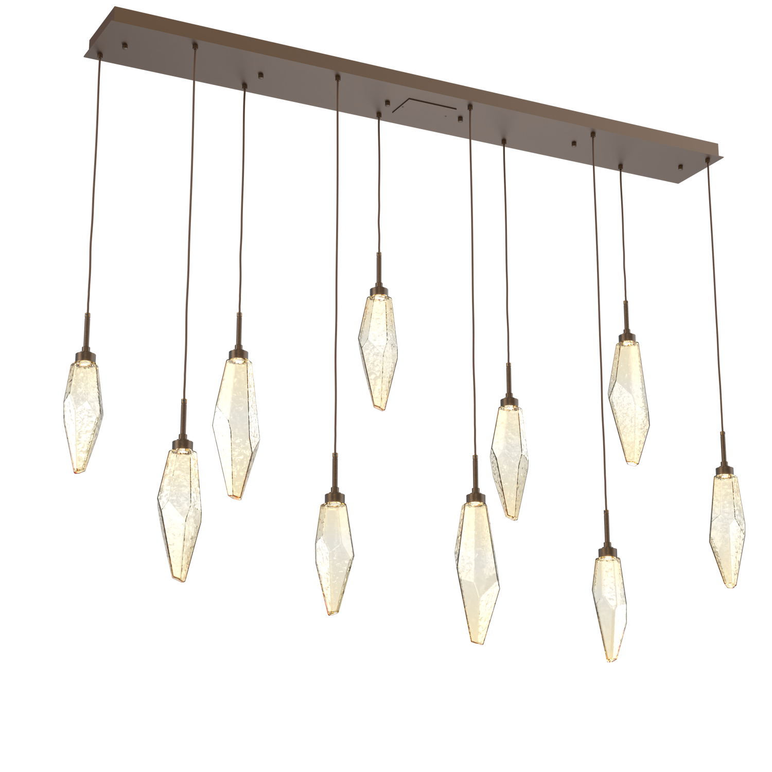 PLB0050-10-FB-CA-Hammerton-Studio-Rock-Crystal-10-light-linear-pendant-chandelier-with-flat-bronze-finish-and-chilled-amber-blown-glass-shades-and-LED-lamping