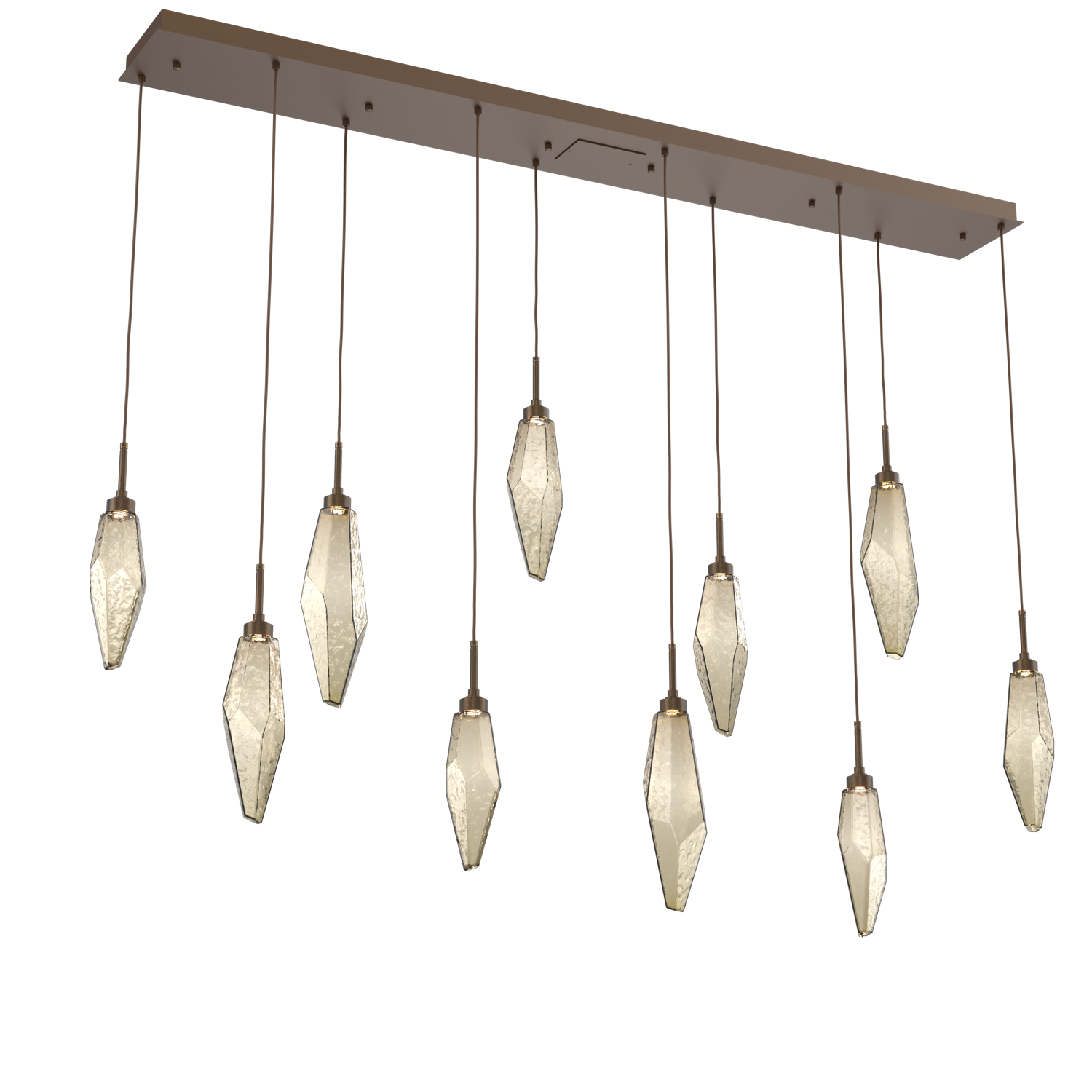 PLB0050-10-FB-CB-Hammerton-Studio-Rock-Crystal-10-light-linear-pendant-chandelier-with-flat-bronze-finish-and-chilled-bronze-blown-glass-shades-and-LED-lamping
