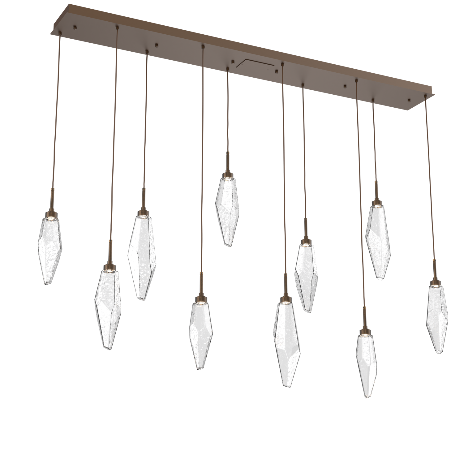 PLB0050-10-FB-CC-Hammerton-Studio-Rock-Crystal-10-light-linear-pendant-chandelier-with-flat-bronze-finish-and-clear-glass-shades-and-LED-lamping