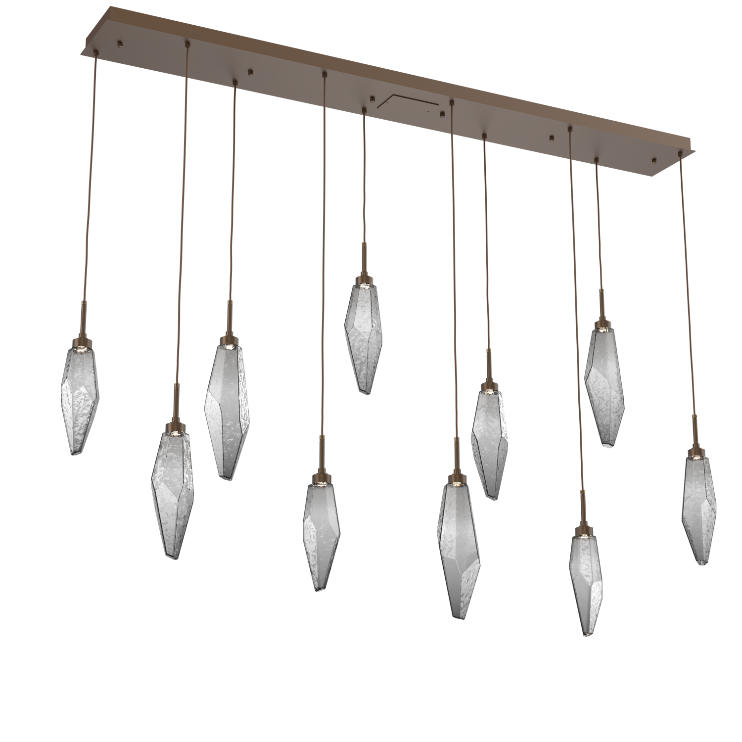 PLB0050-10-FB-CS-Hammerton-Studio-Rock-Crystal-10-light-linear-pendant-chandelier-with-flat-bronze-finish-and-chilled-smoke-glass-shades-and-LED-lamping