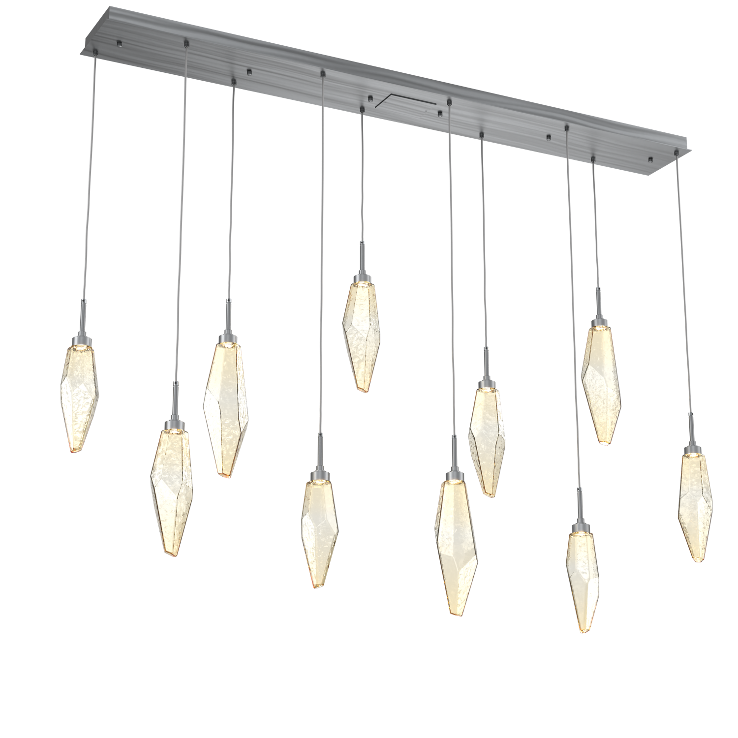PLB0050-10-GM-CA-Hammerton-Studio-Rock-Crystal-10-light-linear-pendant-chandelier-with-gunmetal-finish-and-chilled-amber-blown-glass-shades-and-LED-lamping