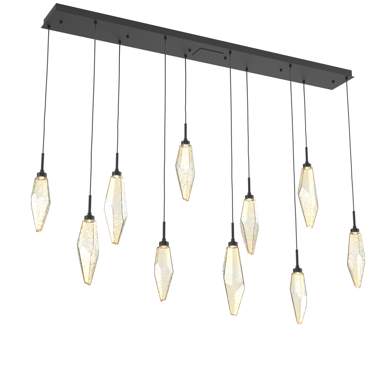 PLB0050-10-MB-CA-Hammerton-Studio-Rock-Crystal-10-light-linear-pendant-chandelier-with-matte-black-finish-and-chilled-amber-blown-glass-shades-and-LED-lamping