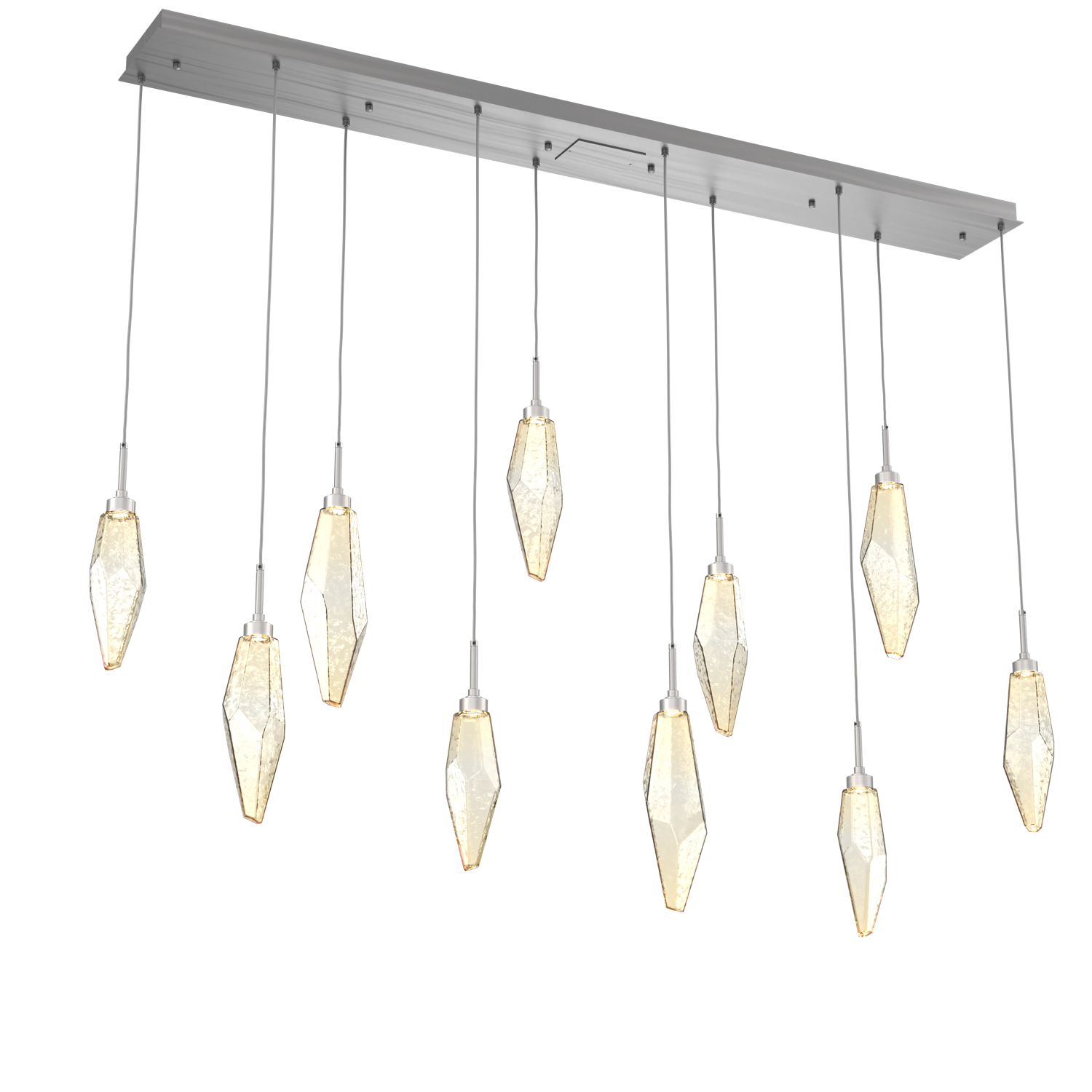 PLB0050-10-SN-CA-Hammerton-Studio-Rock-Crystal-10-light-linear-pendant-chandelier-with-satin-nickel-finish-and-chilled-amber-blown-glass-shades-and-LED-lamping