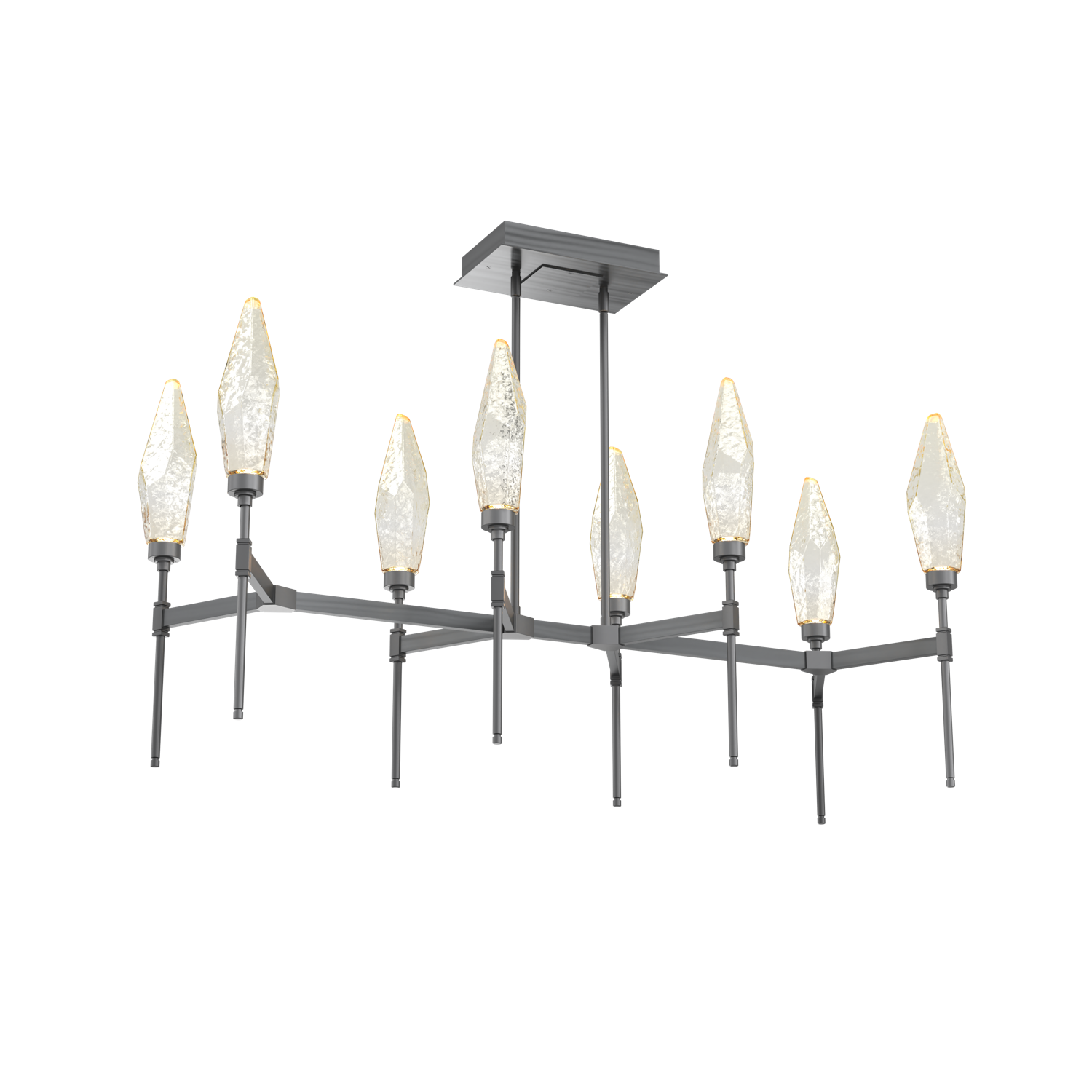 PLB0050-48-GM-CA-Hammerton-Studio-Rock-Crystal-48-inch-linear-belvedere-chandelier-with-gunmetal-finish-and-chilled-amber-blown-glass-shades-and-LED-lamping