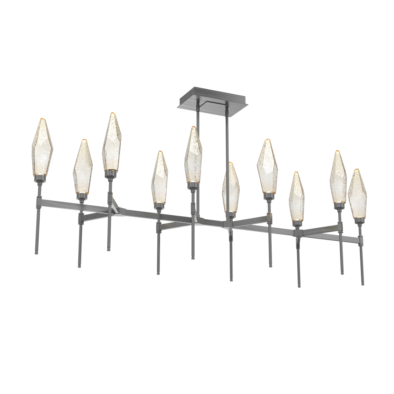 PLB0050-67-GM-CA-Hammerton-Studio-Rock-Crystal-67-inch-linear-belvedere-chandelier-with-gunmetal-finish-and-chilled-amber-blown-glass-shades-and-LED-lamping