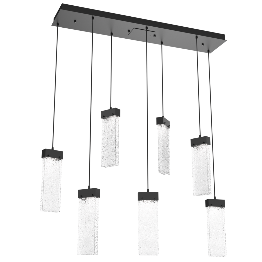 PLB0042-07-MB-CR-Hammerton-Studio-Parallel-7-light-linear-pendant-chandelier-with-matte-black-finish-and-crackled-rimelight-glass-shades-and-LED-lamping