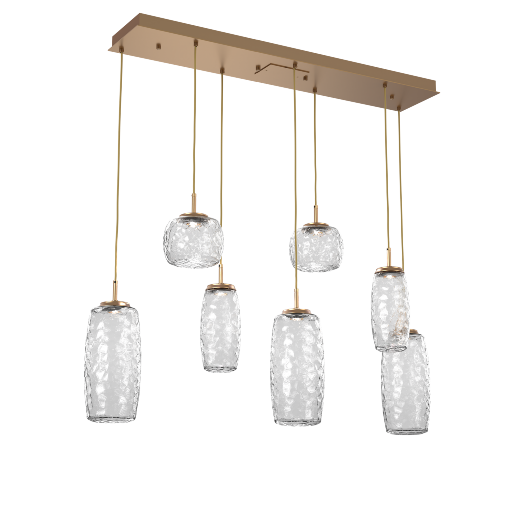 PLB0091-07-NB-C-Hammerton-Studio-Vessel-7-light-linear-multi-pendant-chandelier-with-novel-brass-finish-and-clear-blown-glass-shades-and-LED-lamping