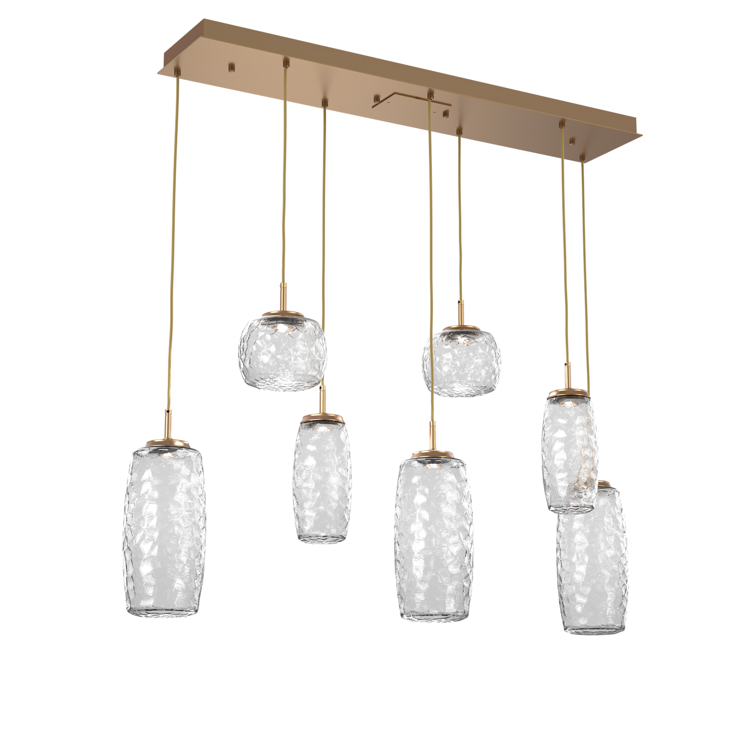 PLB0091-07-NB-C-Hammerton-Studio-Vessel-7-light-linear-multi-pendant-chandelier-with-novel-brass-finish-and-clear-blown-glass-shades-and-LED-lamping