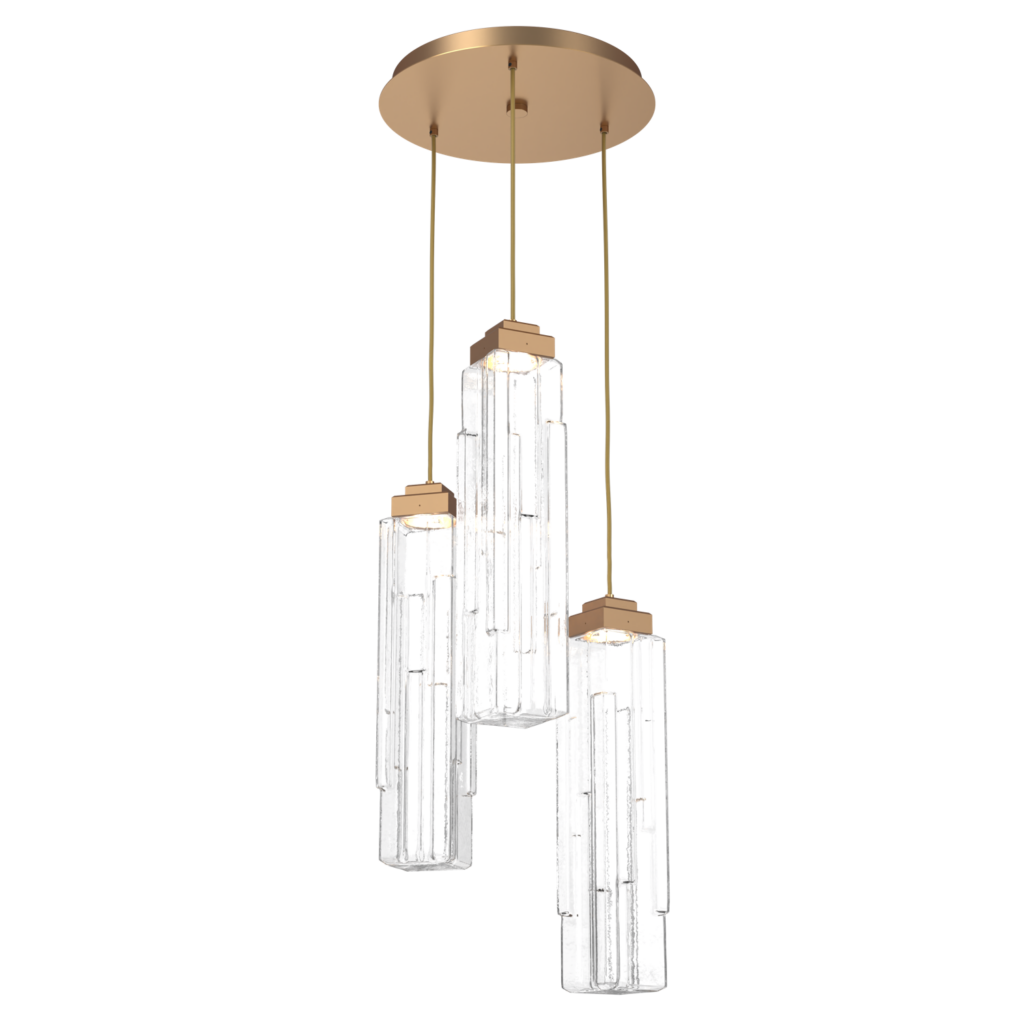 CHB0056-03-NB-LC-Hammerton-Studio-Ledgestone-3-light-round-pendant-chandelier-with-novel-brass-finish-and-clear-rectangular-blown-glass-shades-and-LED-lamping