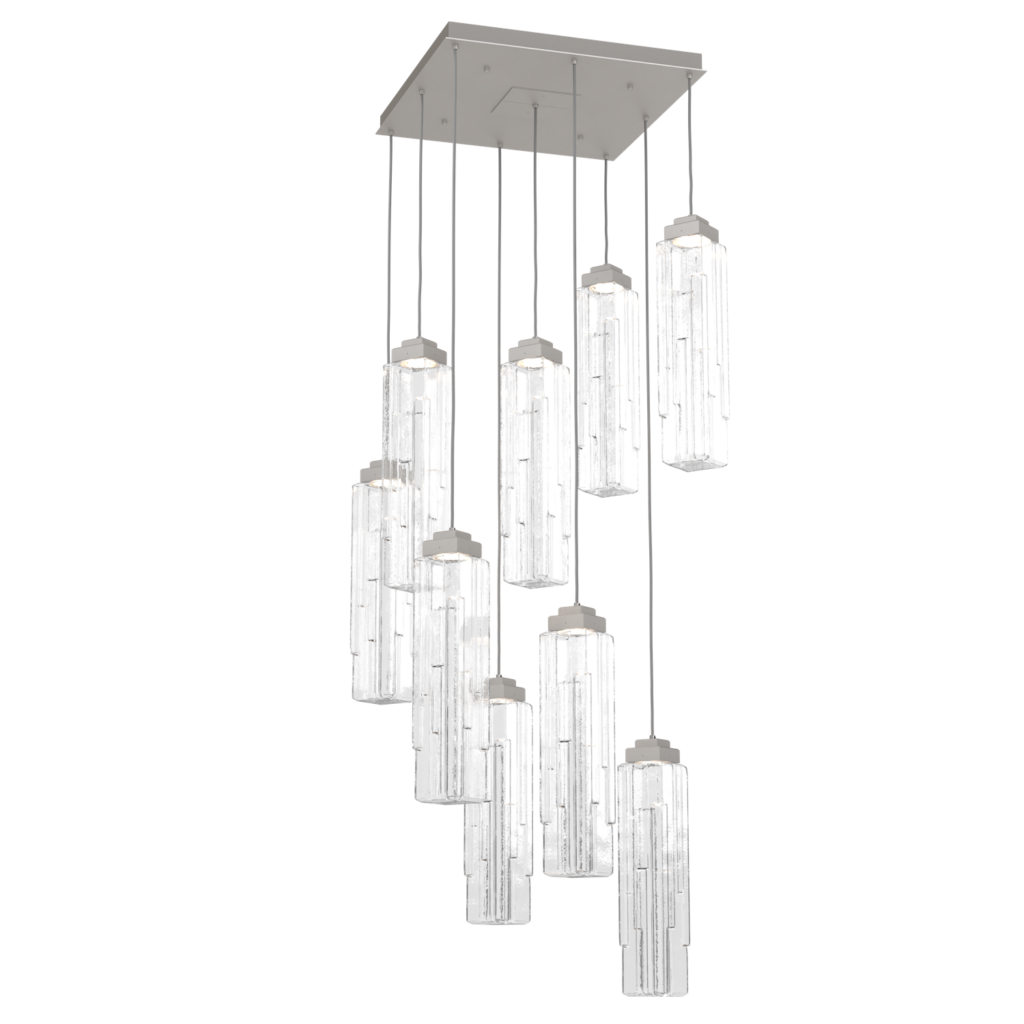 CHB0056-09-BS-LC-Hammerton-Studio-Ledgestone-9-light-square-pendant-chandelier-with-beige-silver-finish-and-clear-rectangular-blown-glass-shades-and-LED-lamping