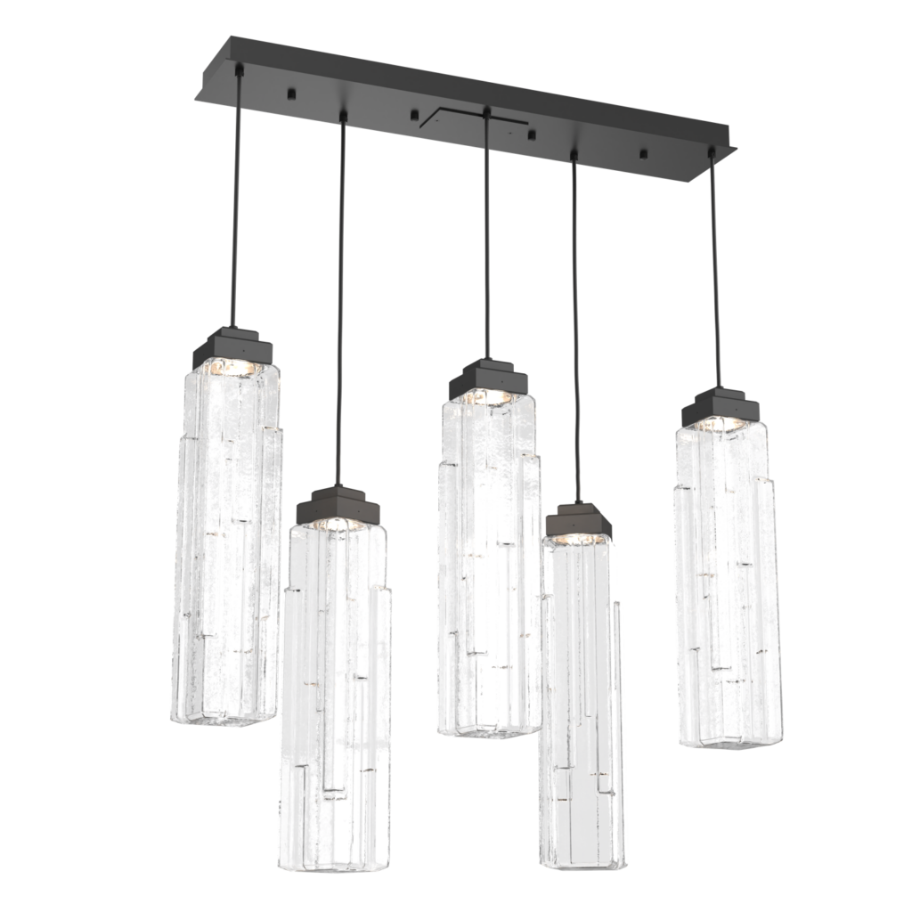 PLB0056-05-MB-LC-Hammerton-Studio-Ledgestone-5-light-linear-pendant-chandelier-with-matte-black-finish-and-clear-rectangular-blown-glass-shades-and-LED-lamping