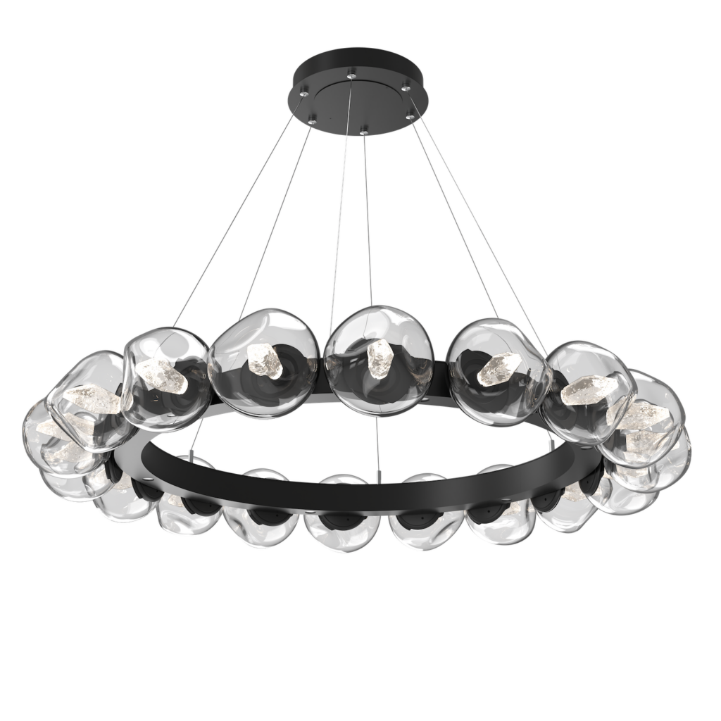 CHB0095-48-MB-GC-Hammerton-Studio-Luna-18-light-radial-ring-chandelier-with-matte-black-finish-and-clear-blown-glass-with-geo-clear-cast-glass-diffusers-and-LED-lamping