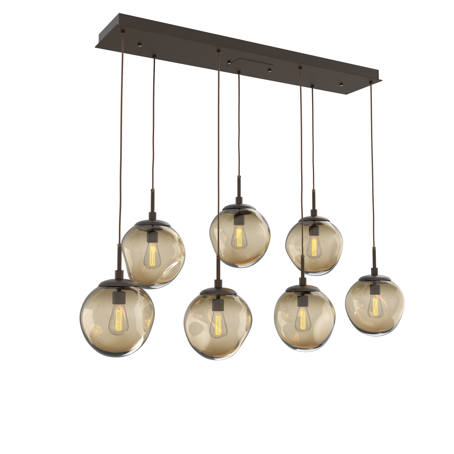 PLB0062-07-FB-B-Hammerton-Studio-Nebula-Aster-7-light-linear-pendant-chandelier-with-flat-bronze-finish-and-bronze-blown-glass-shades-and-incandescent-lamping