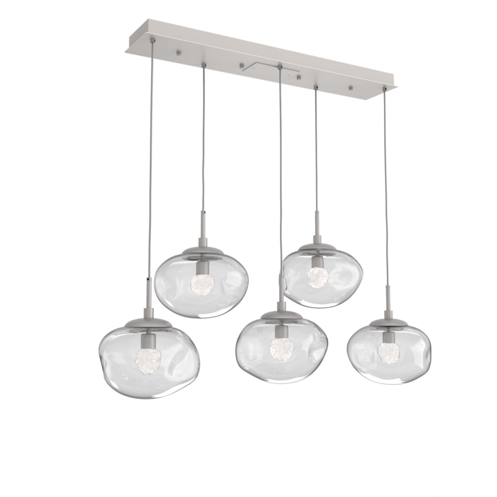 PLB0068-05-BS-FC-Hammerton-Studio-Nebula-Nova-5-light-linear-pendant-chandelier-with-beige-silver-finish-and-clear-blown-glass-with-floret-clear-cast-glass-diffusers-and-LED-lamping