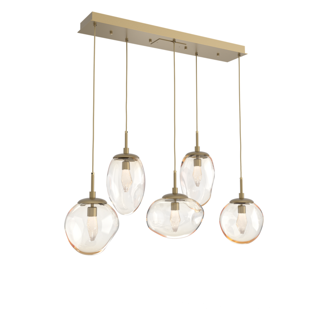 PLB0069-05-GB-GA-Hammerton-Studio-Nebula-Cosmos-5-light-linear-pendant-chandelier-with-gilded-brass-finish-and-amber-blown-glass-with-geo-clear-cast-glass-diffusers-and-LED-lamping