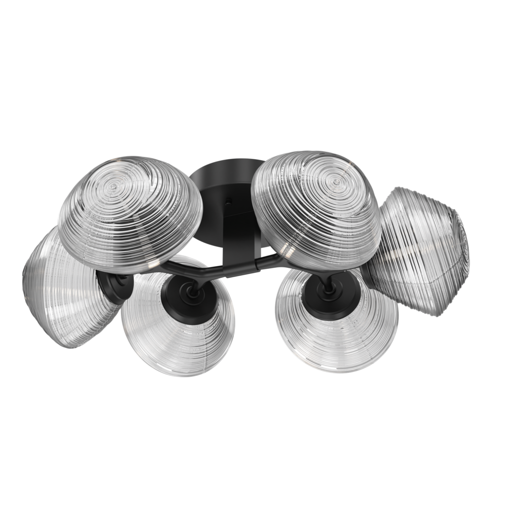 CLB0089-01-MB-C-Hammerton-Studio-Mesa-6-light-organic-flush-mount-ceiling-light-with-matte-black-finish-and-clear-blown-glass-shades-and-LED-lamping