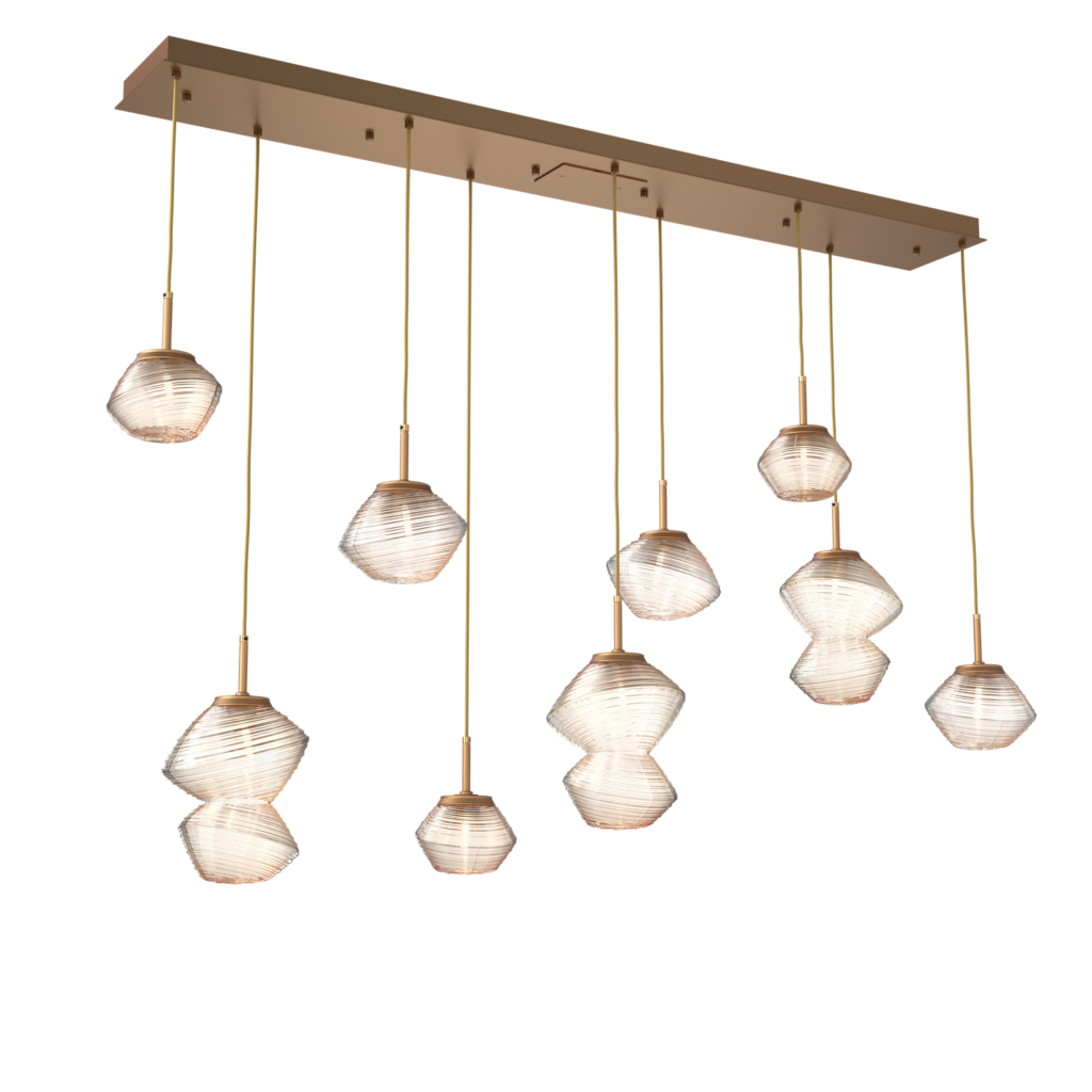 PLB0089-09-NB-A-Hammerton-Studio-Mesa-9-light-linear-pendant-chandelier-with-novel-brass-finish-and-amber-blown-glass-shades-and-LED-lamping