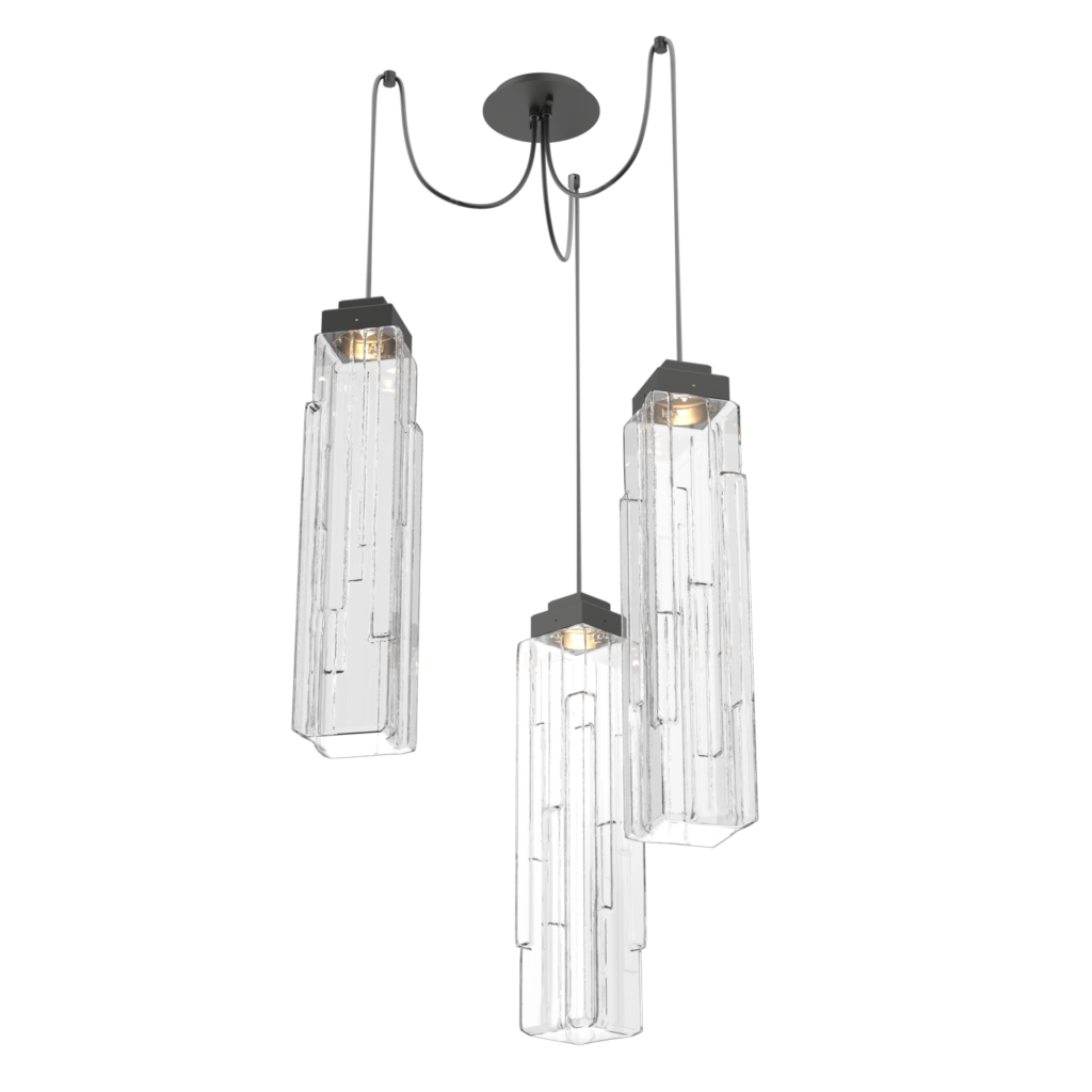 SCB0056-03-MB-LC-Hammerton-Studio-Ledgestone-3-light-swag-multi-pendant-chandelier-with-matte-black-finish-and-clear-rectangular-blown-glass-shades-and-LED-lamping